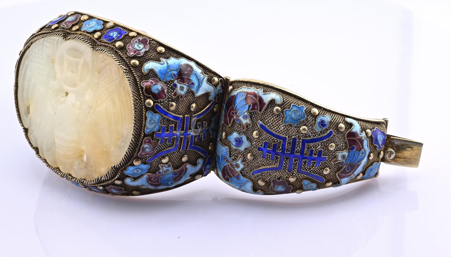 Antique Chinese Gilt Silver Filigree & Enamel Cuff Bracelet with Carved Celadon