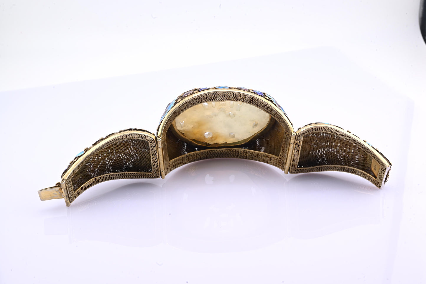 Antique Chinese Gilt Silver Filigree & Enamel Cuff Bracelet with Carved Celadon