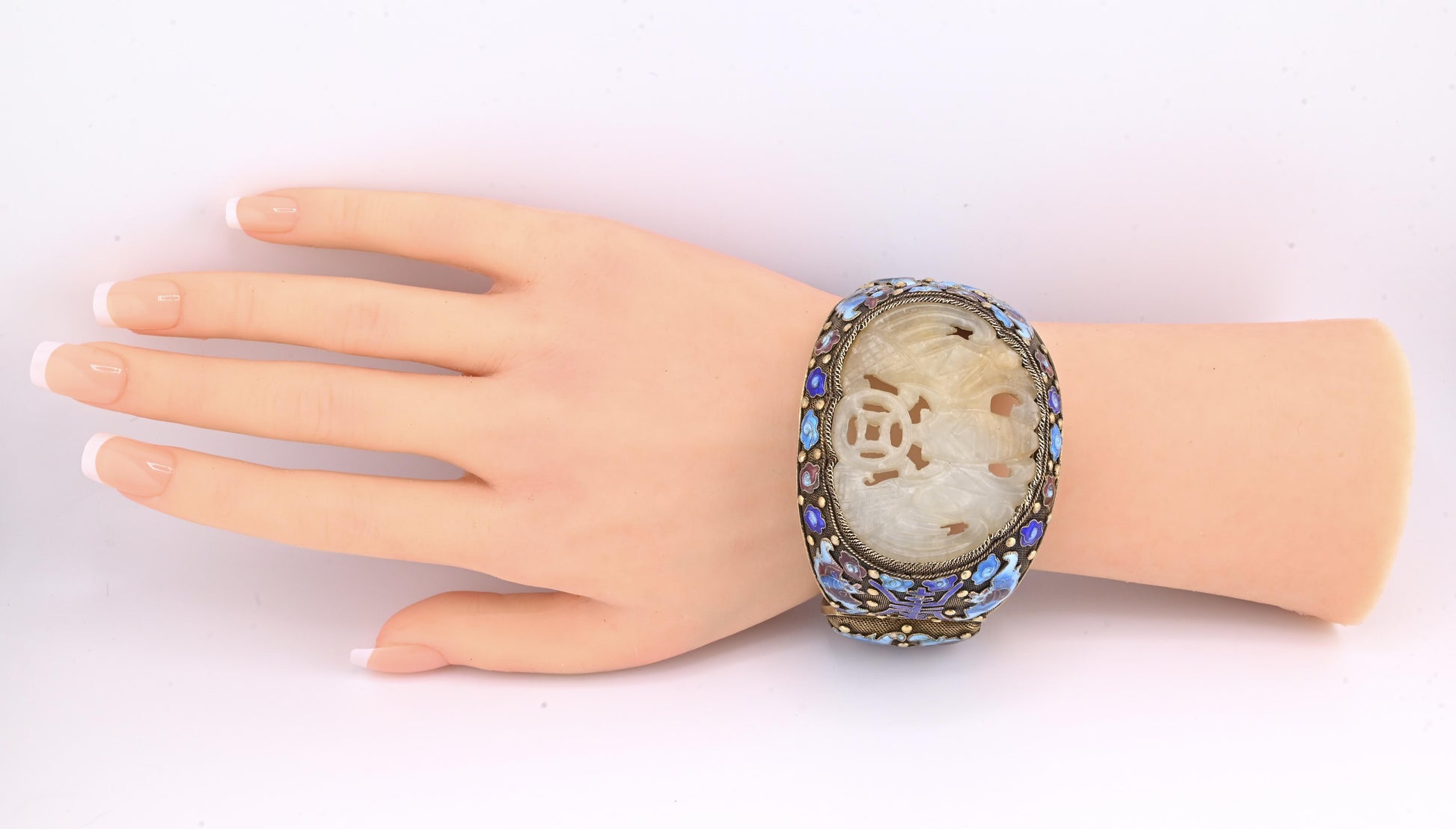 Antique Chinese Gilt Silver Filigree & Enamel Cuff Bracelet with Carved Celadon