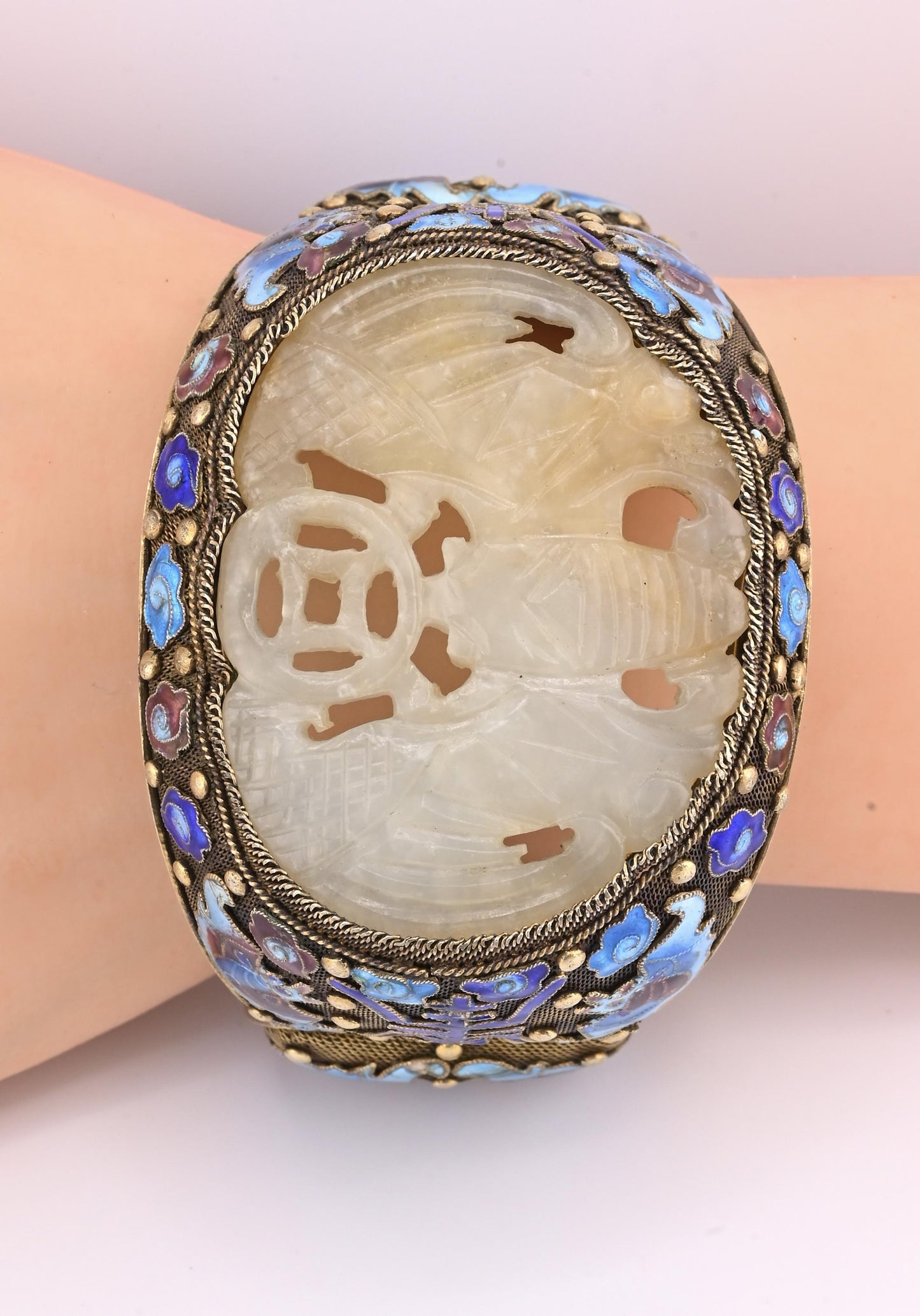 Antique Chinese Gilt Silver Filigree & Enamel Cuff Bracelet with Carved Celadon