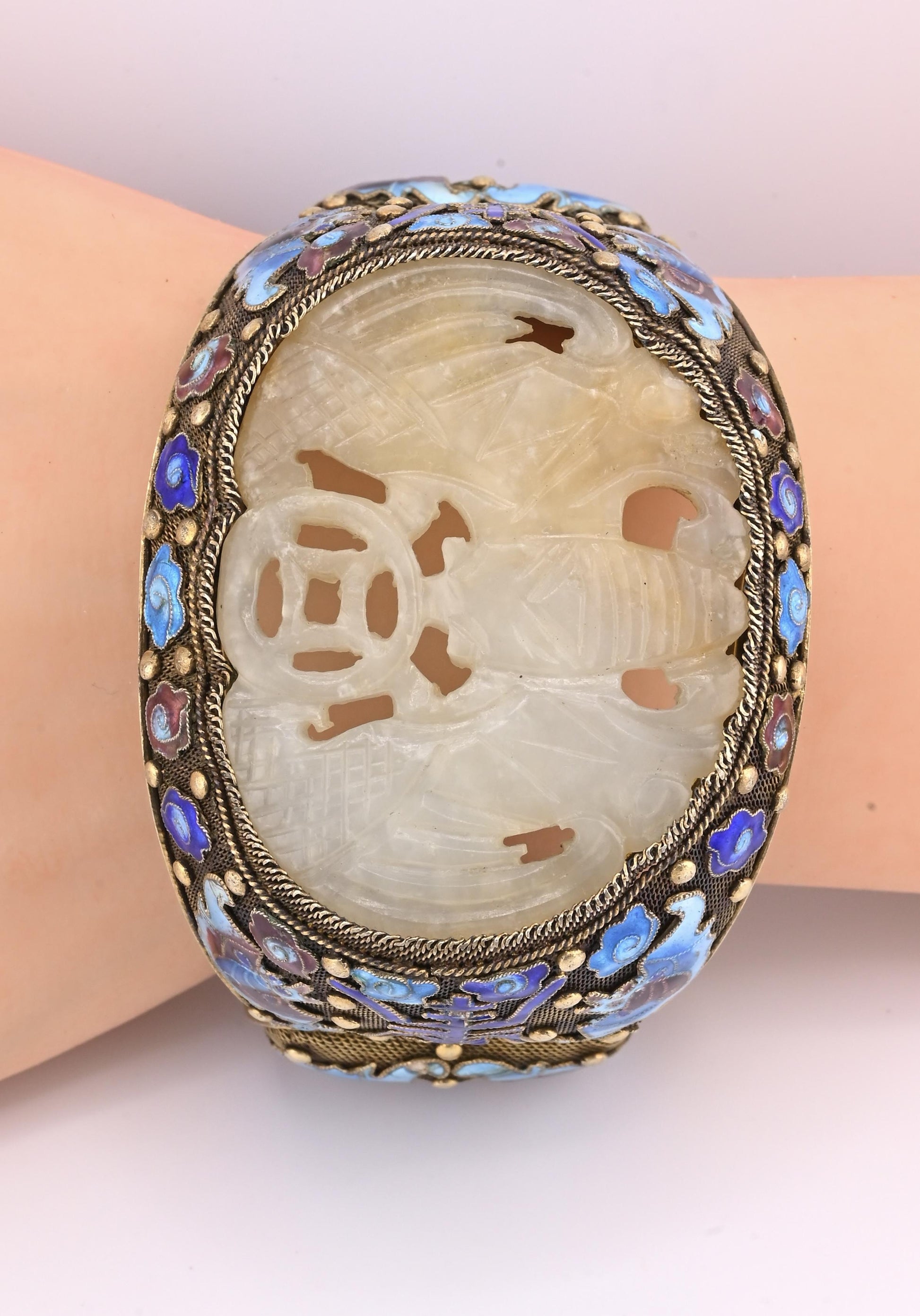 Antique Chinese Gilt Silver Filigree & Enamel Cuff Bracelet with Carved Celadon