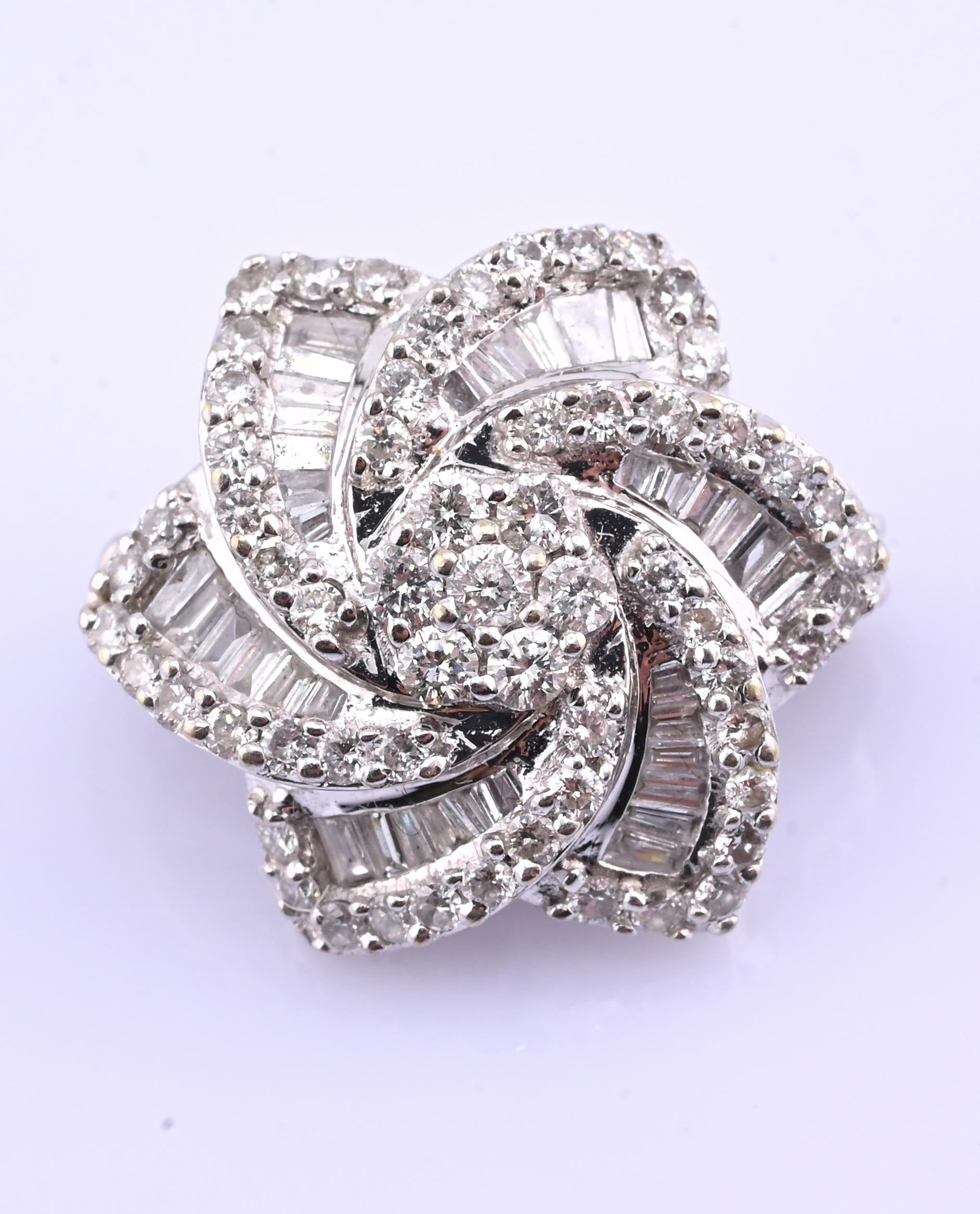 18k White Gold 0.99ctw Natural Diamond Swirl Flower Pendant / Brooch