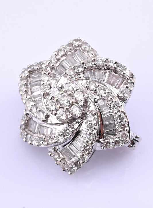 18k White Gold 0.99ctw Natural Diamond Swirl Flower Pendant / Brooch