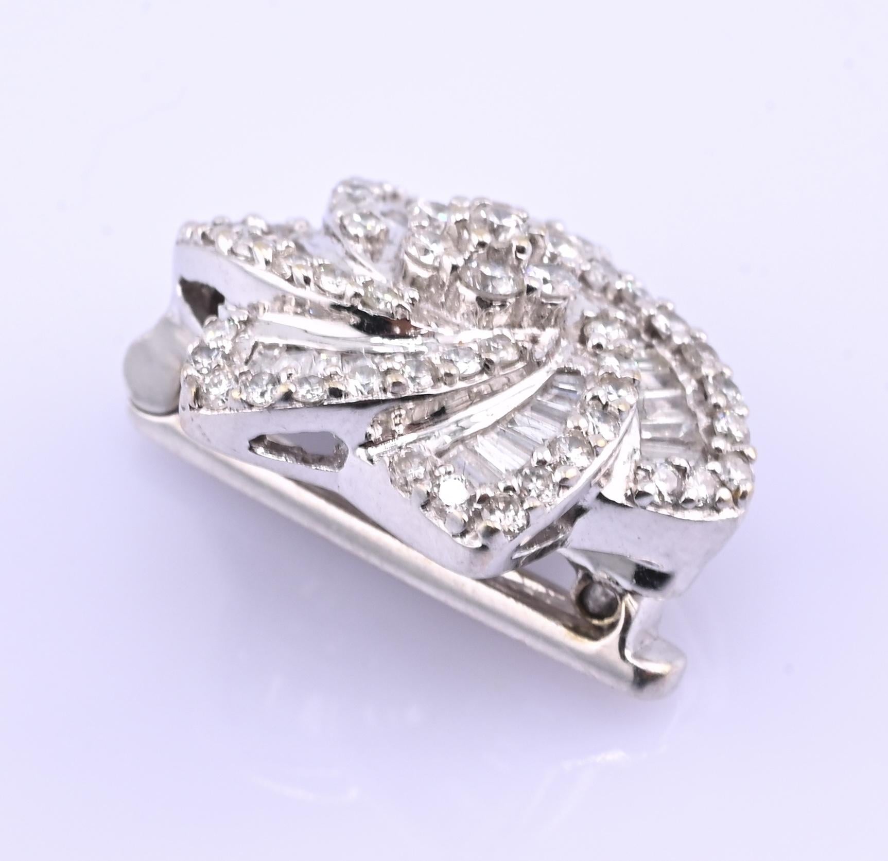 18k White Gold 0.99ctw Natural Diamond Swirl Flower Pendant / Brooch