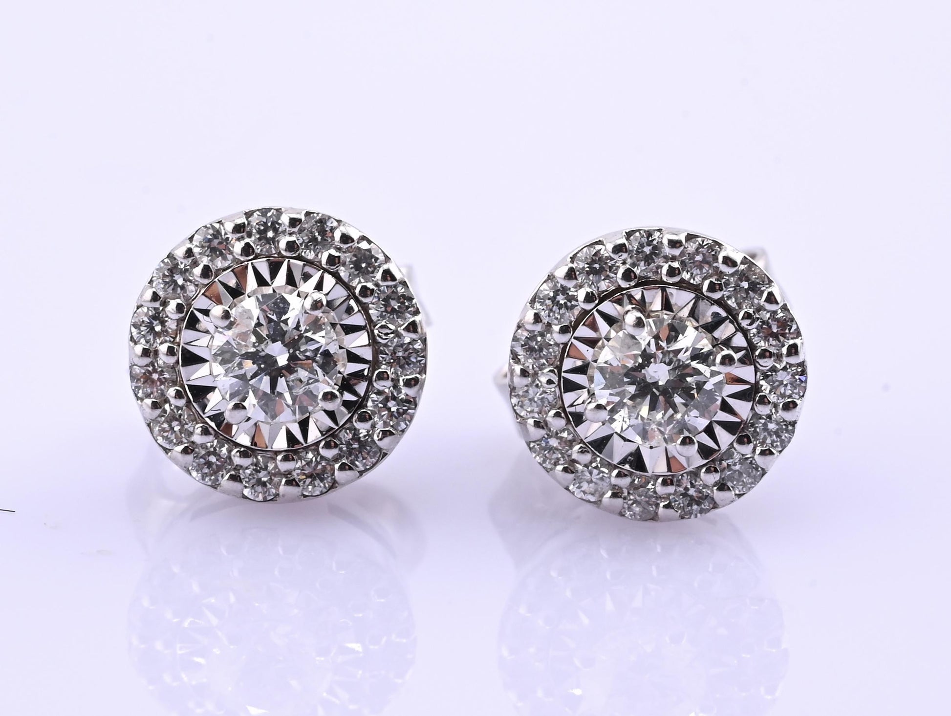 14k White Gold Diamond Halo Miracle Set Stud Earrings — .24-.30 CTW