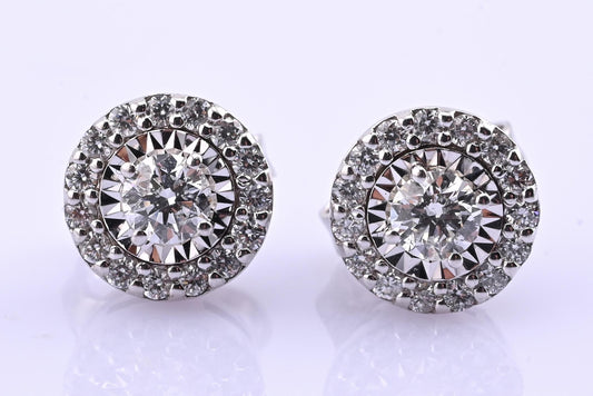 14k White Gold Diamond Halo Miracle Set Stud Earrings — .24-.30 CTW