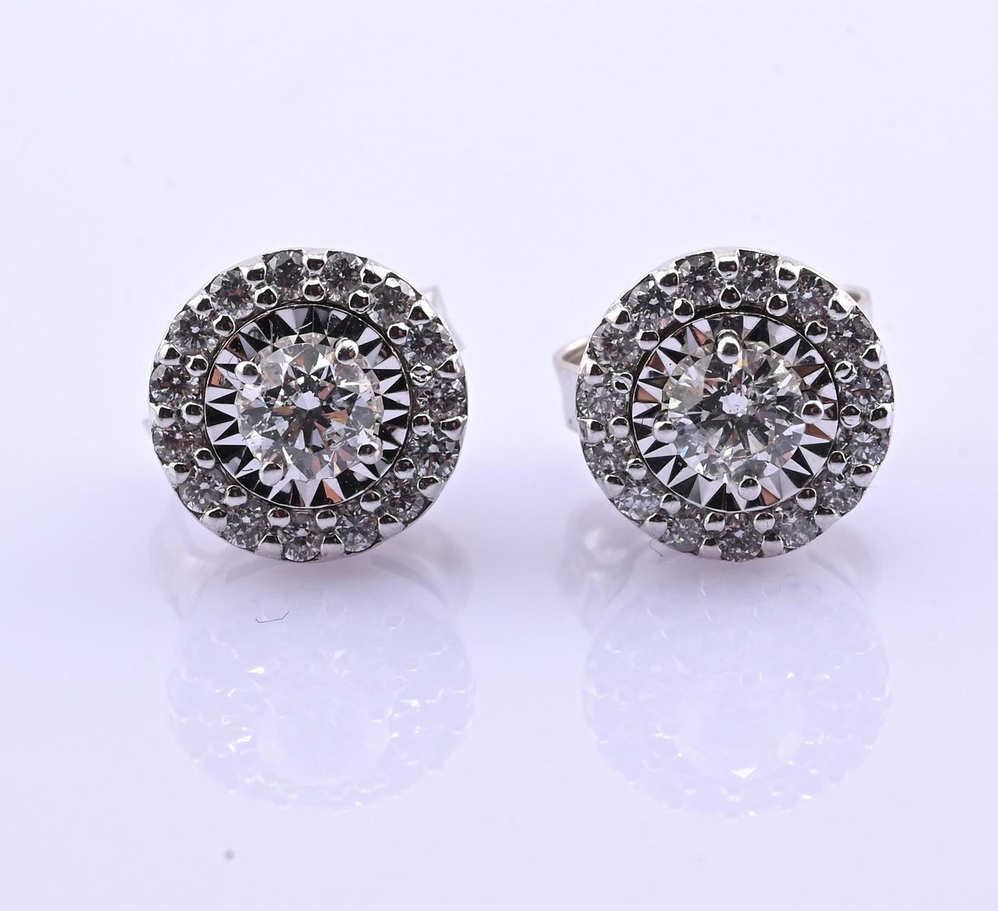 14k White Gold Diamond Halo Miracle Set Stud Earrings — .24-.30 CTW