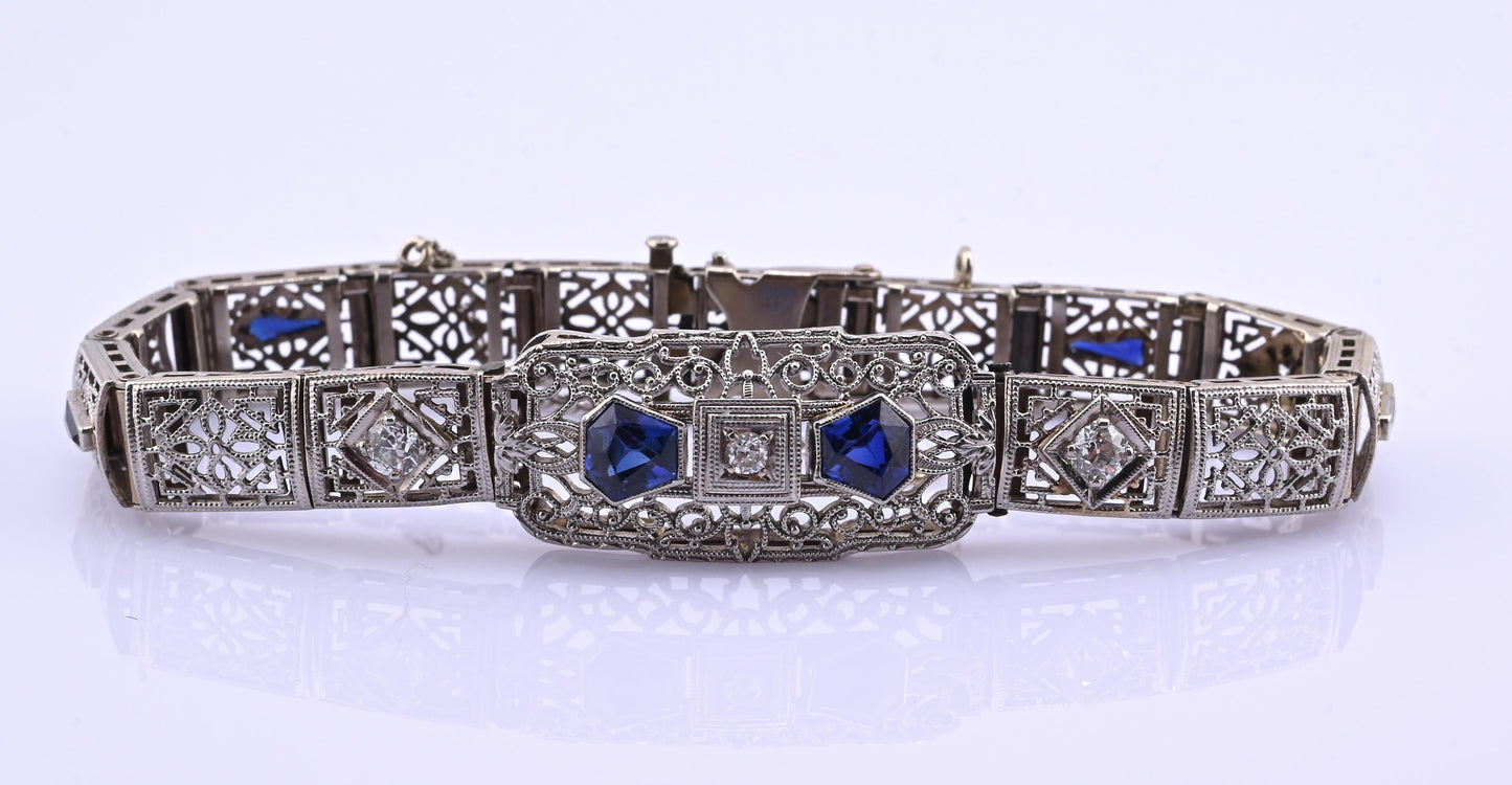 Antique Art Deco 14k White Gold Filigree Bracelet with Sapphires & Diamonds