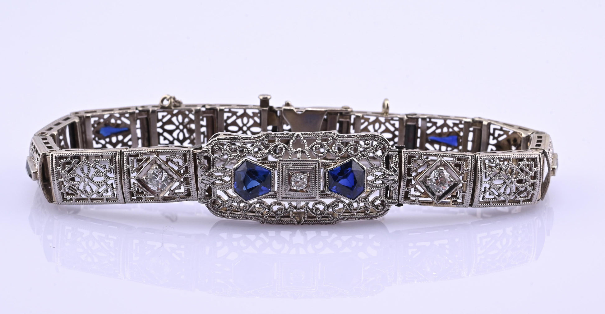 Antique Art Deco 14k White Gold Filigree Bracelet with Sapphires & Diamonds