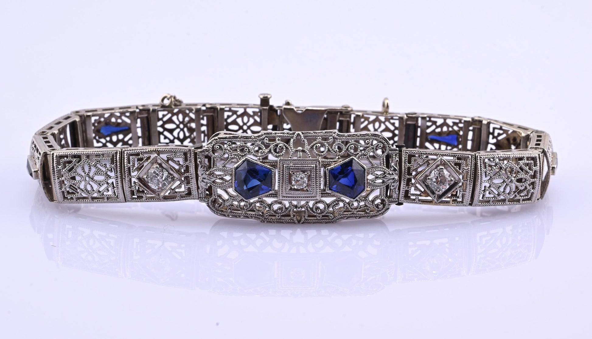 Antique Art Deco 14k White Gold Filigree Bracelet with Sapphires & Diamonds