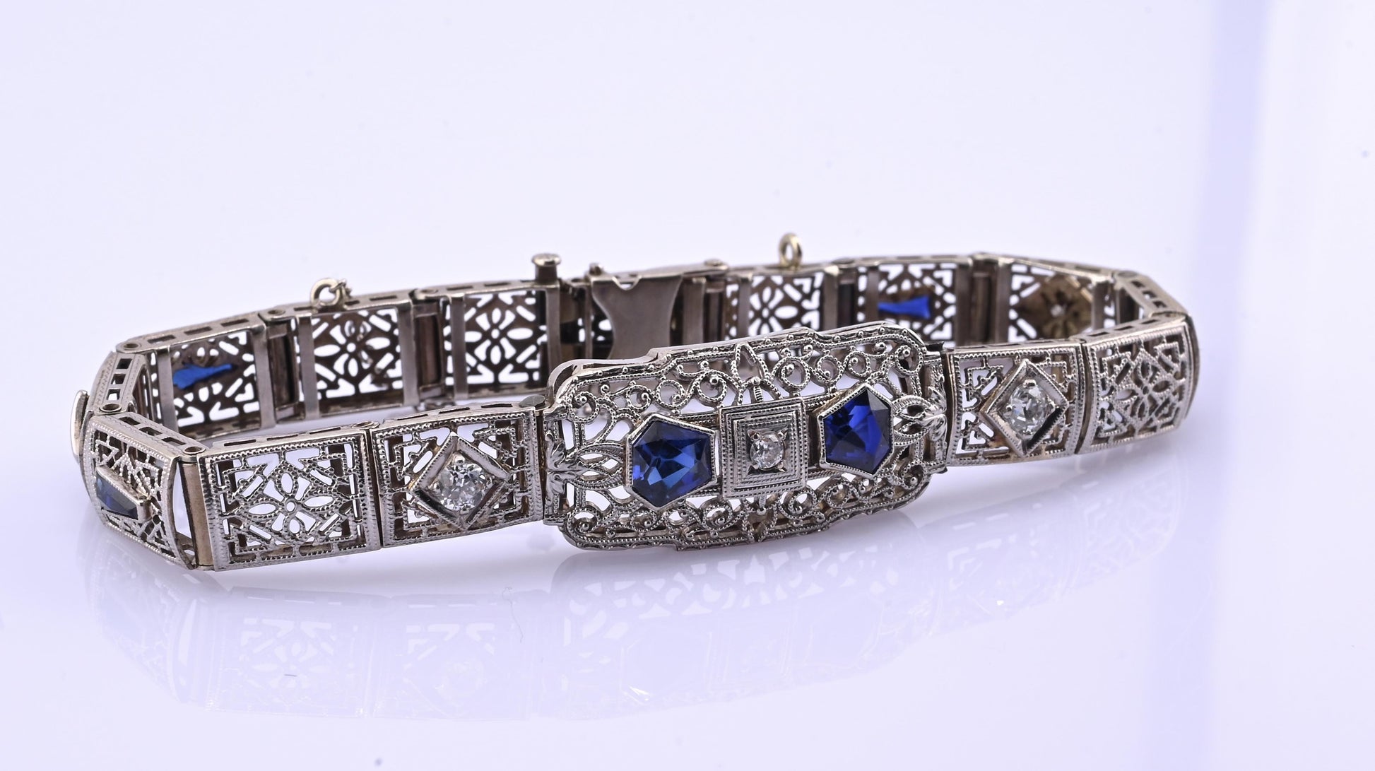 Antique Art Deco 14k White Gold Filigree Bracelet with Sapphires & Diamonds