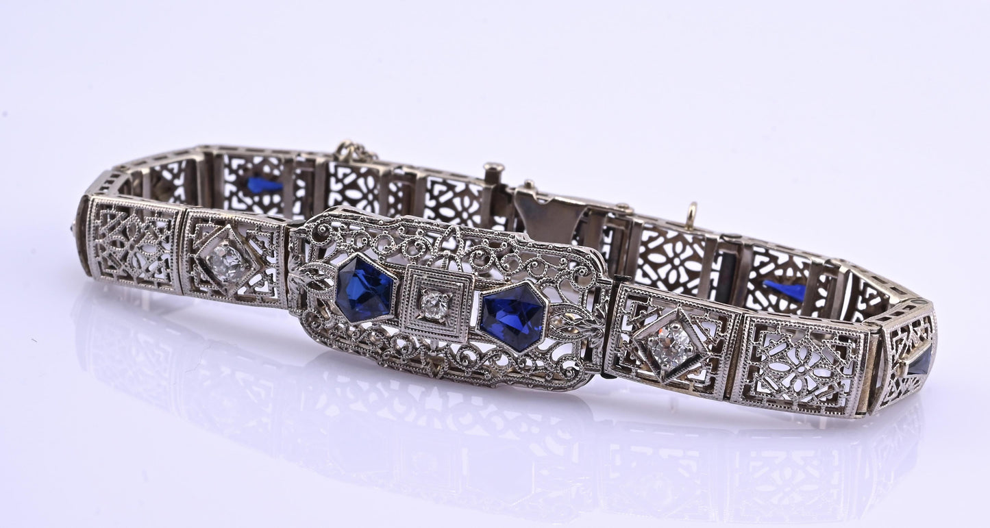 Antique Art Deco 14k White Gold Filigree Bracelet with Sapphires & Diamonds