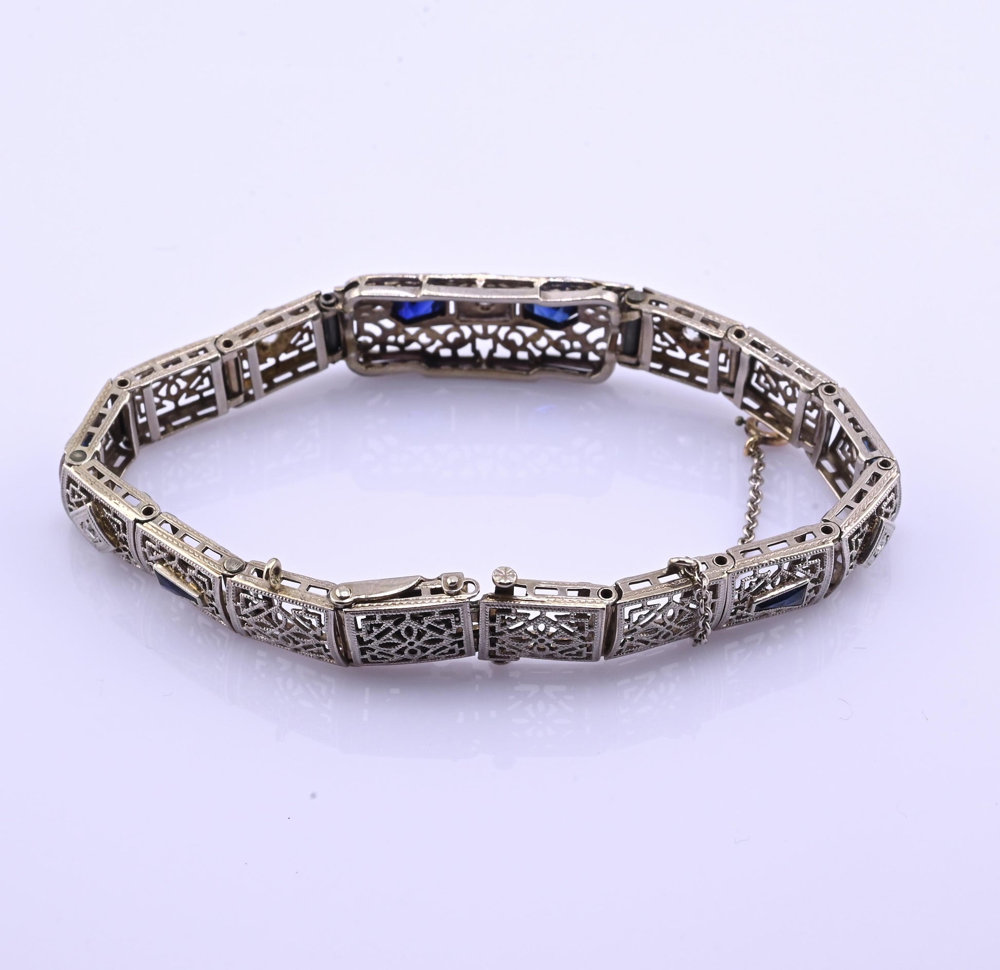Antique Art Deco 14k White Gold Filigree Bracelet with Sapphires & Diamonds
