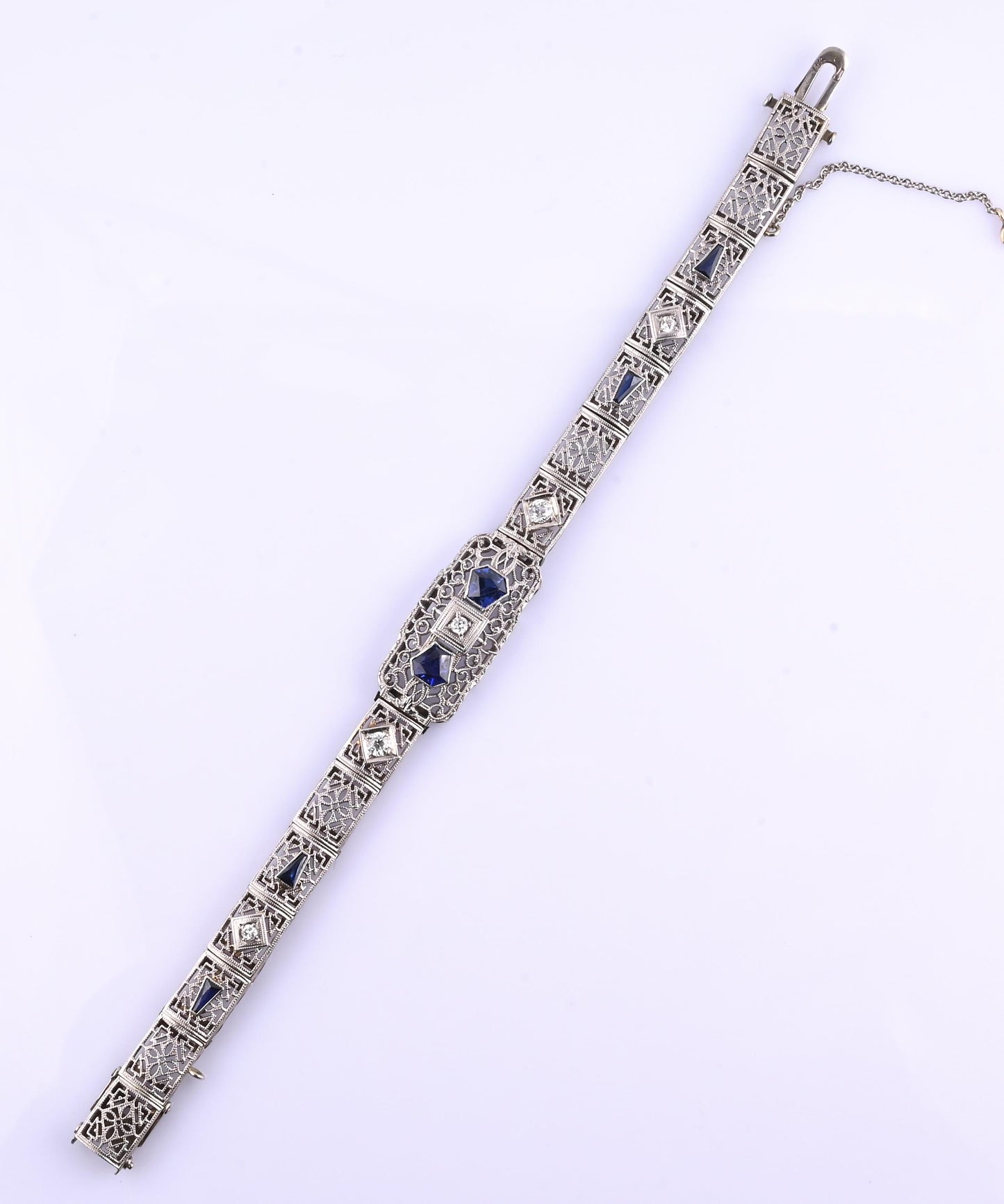 Antique Art Deco 14k White Gold Filigree Bracelet with Sapphires & Diamonds