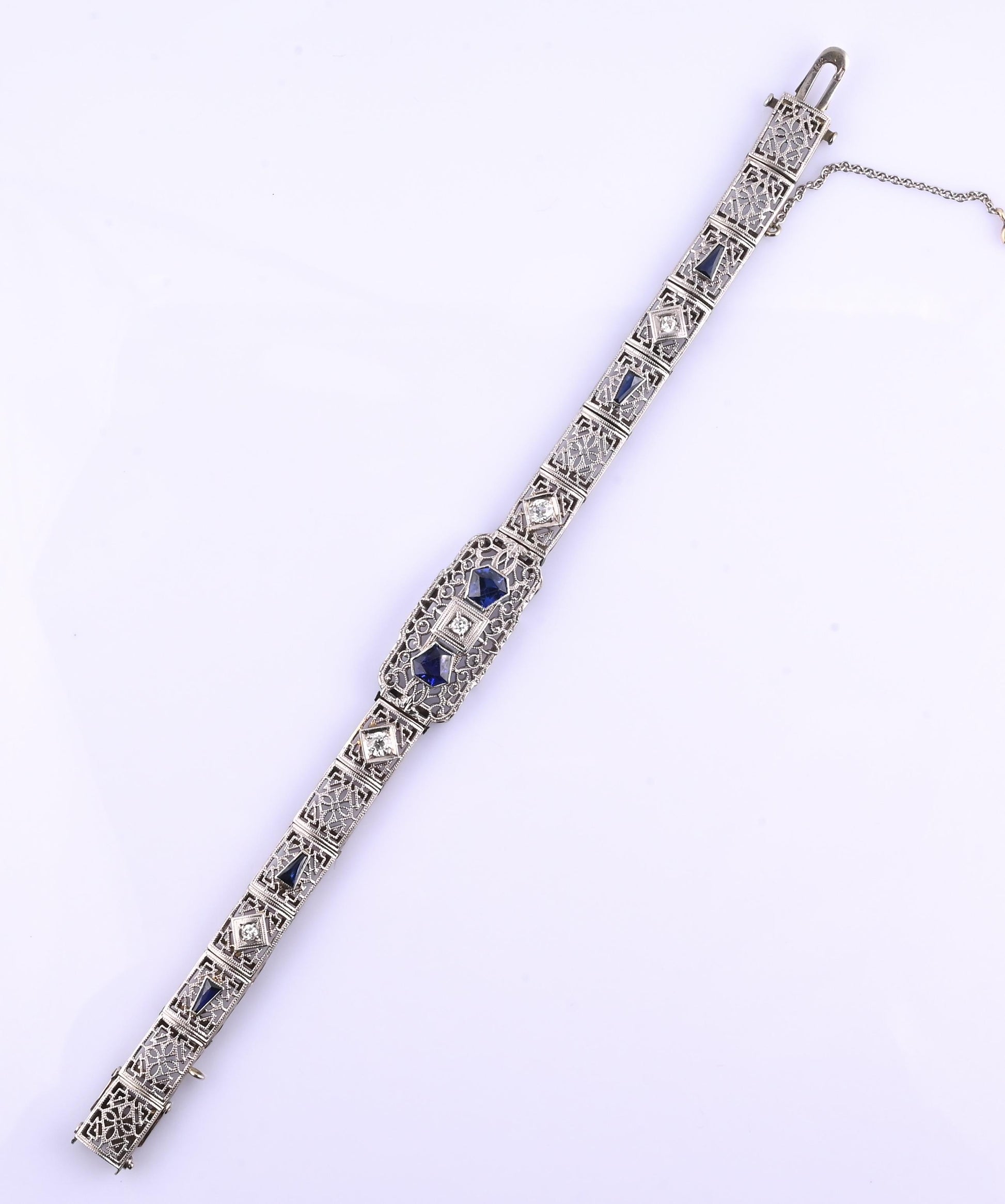 Antique Art Deco 14k White Gold Filigree Bracelet with Sapphires & Diamonds