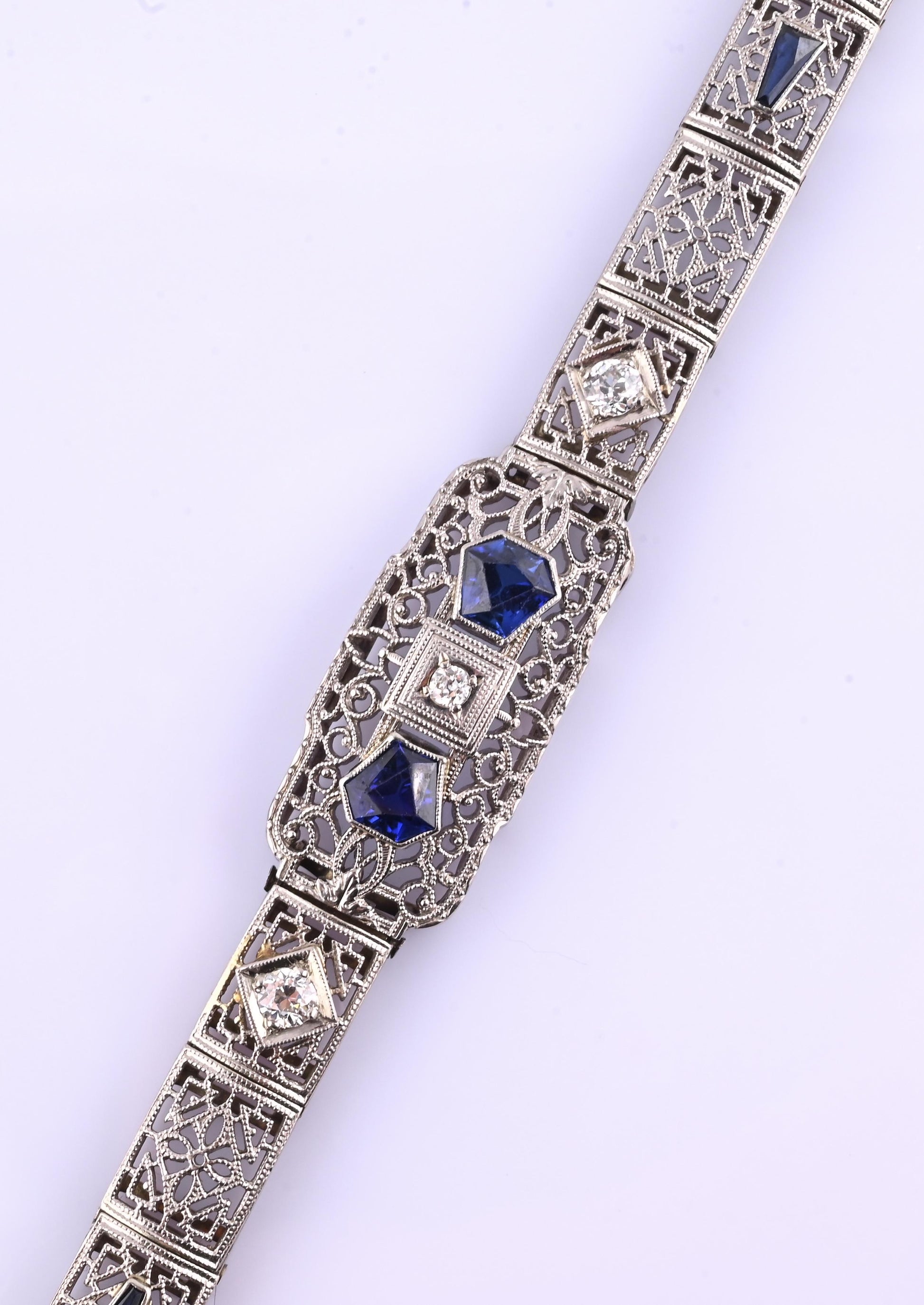 Antique Art Deco 14k White Gold Filigree Bracelet with Sapphires & Diamonds