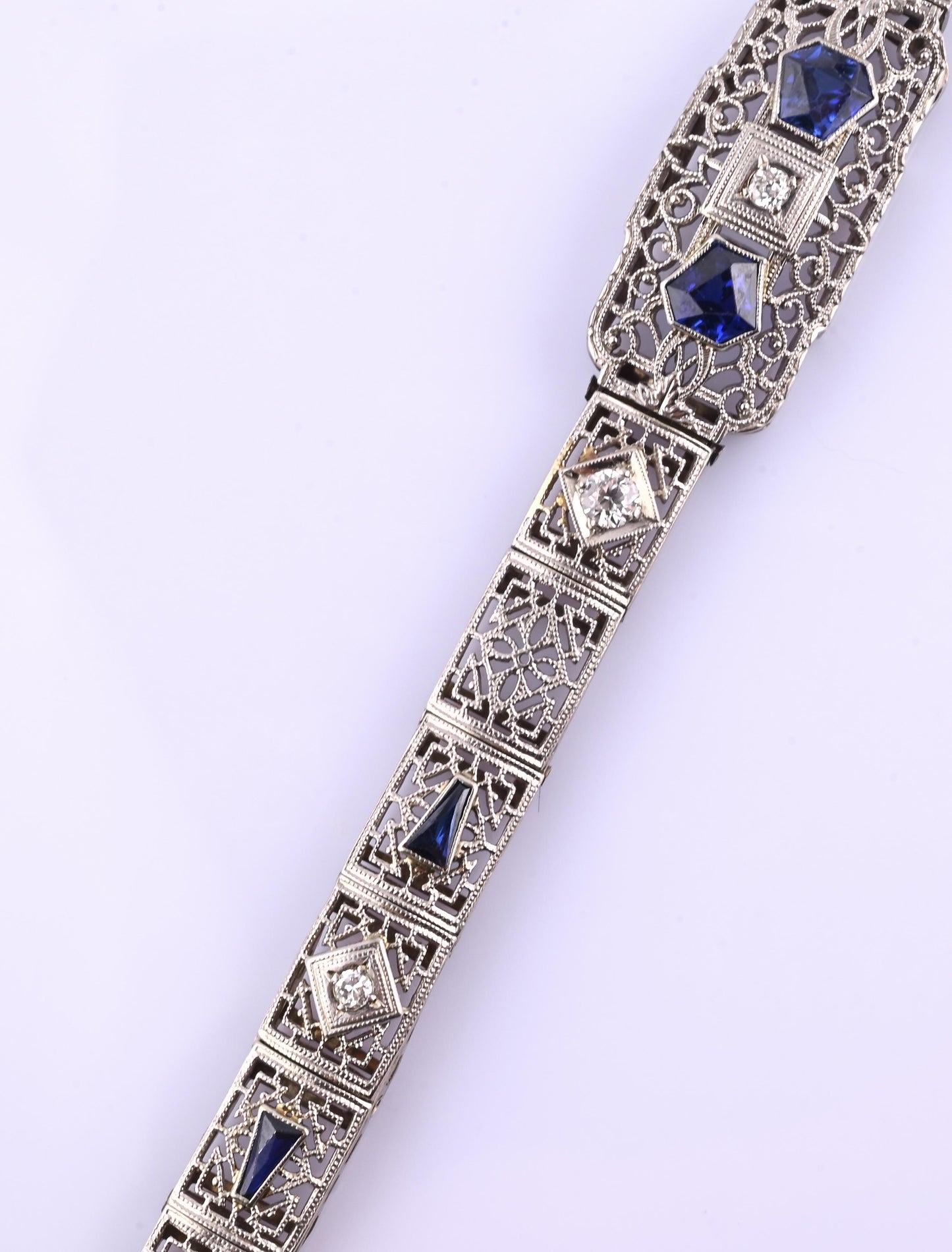 Antique Art Deco 14k White Gold Filigree Bracelet with Sapphires & Diamonds