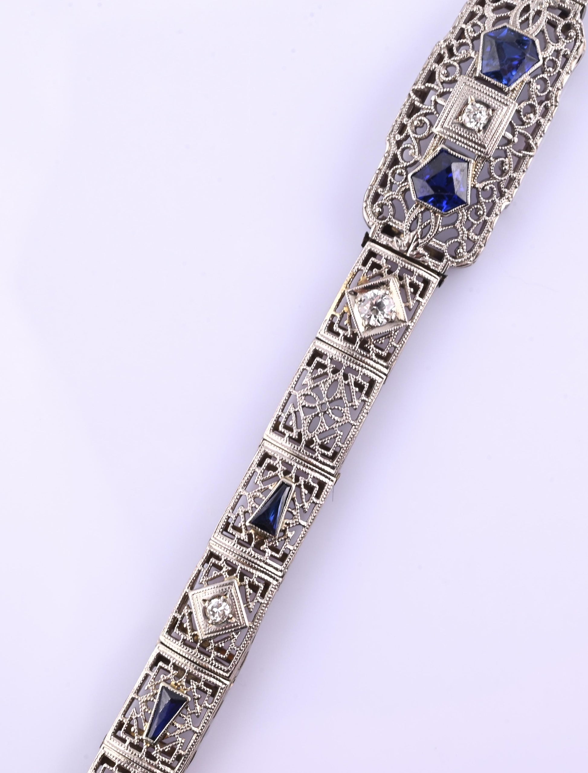 Antique Art Deco 14k White Gold Filigree Bracelet with Sapphires & Diamonds
