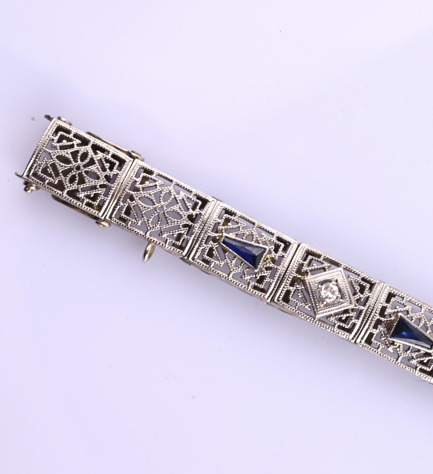 Antique Art Deco 14k White Gold Filigree Bracelet with Sapphires & Diamonds