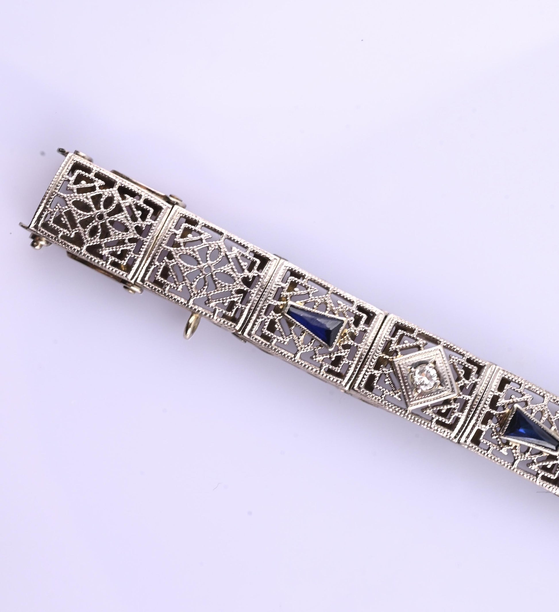 Antique Art Deco 14k White Gold Filigree Bracelet with Sapphires & Diamonds