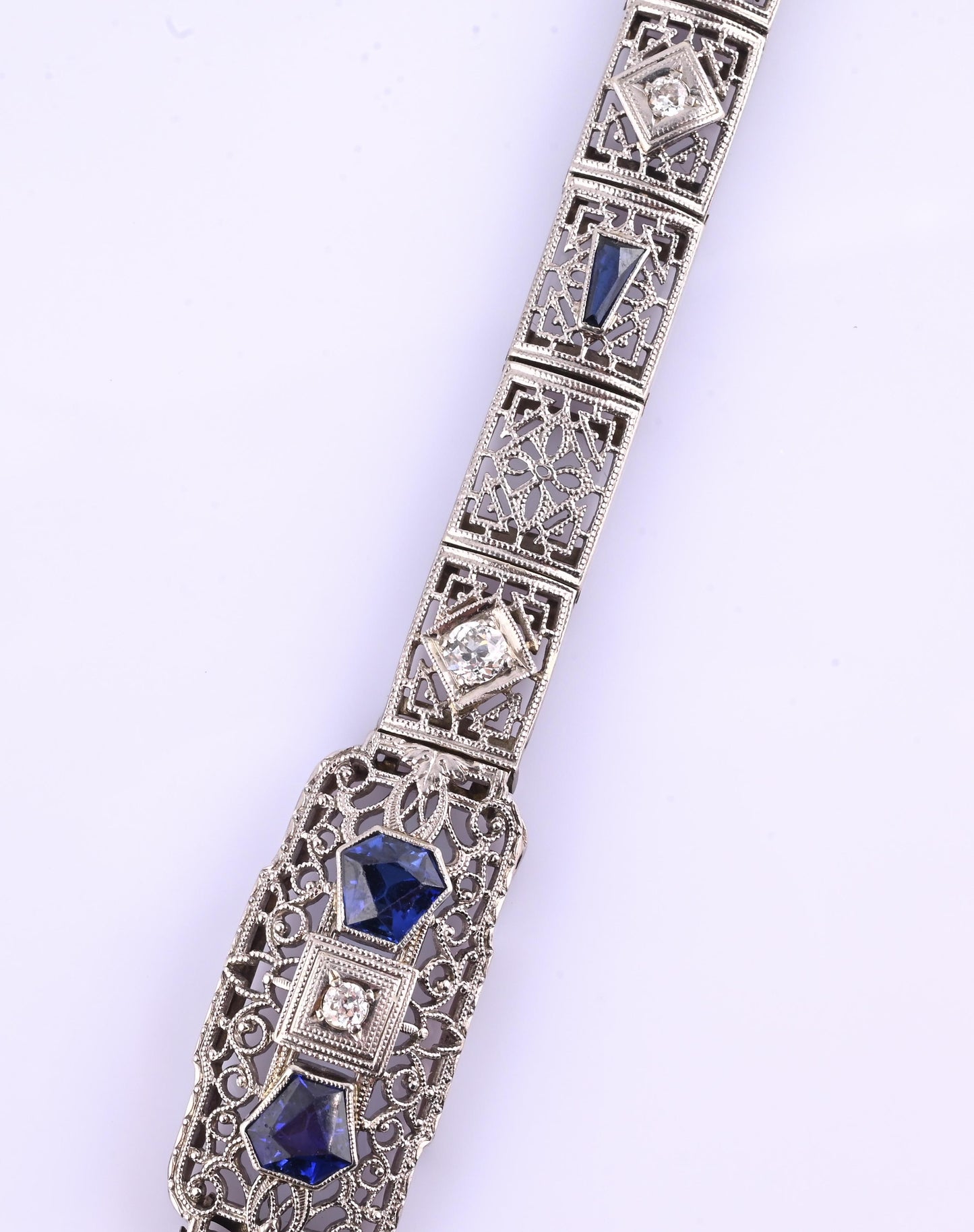 Antique Art Deco 14k White Gold Filigree Bracelet with Sapphires & Diamonds