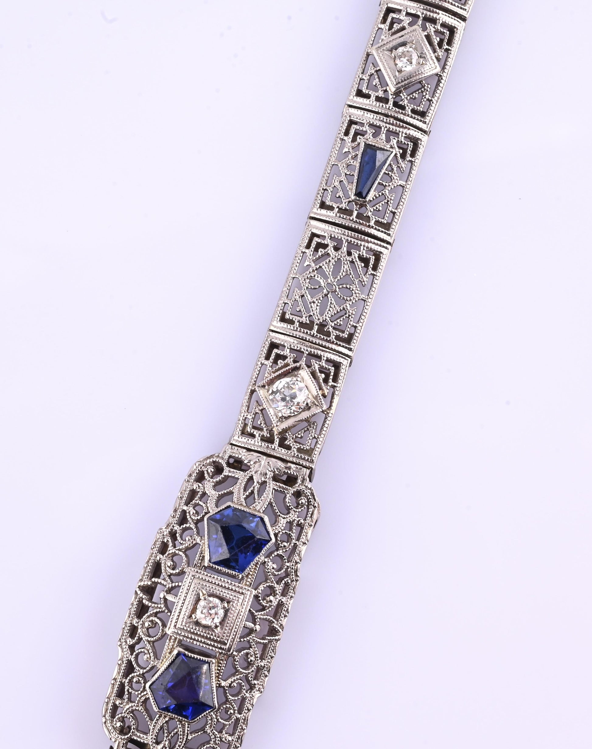Antique Art Deco 14k White Gold Filigree Bracelet with Sapphires & Diamonds