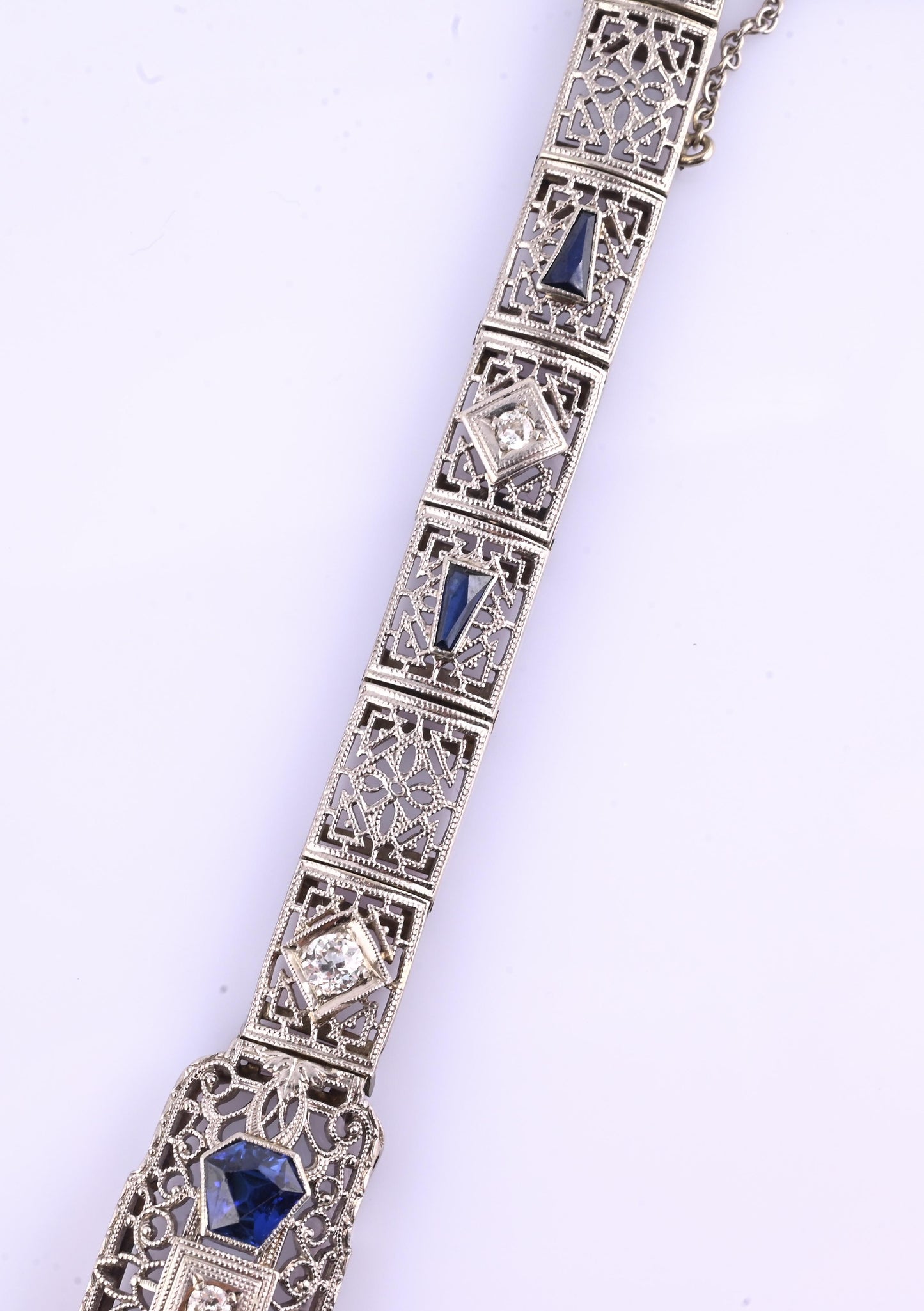 Antique Art Deco 14k White Gold Filigree Bracelet with Sapphires & Diamonds