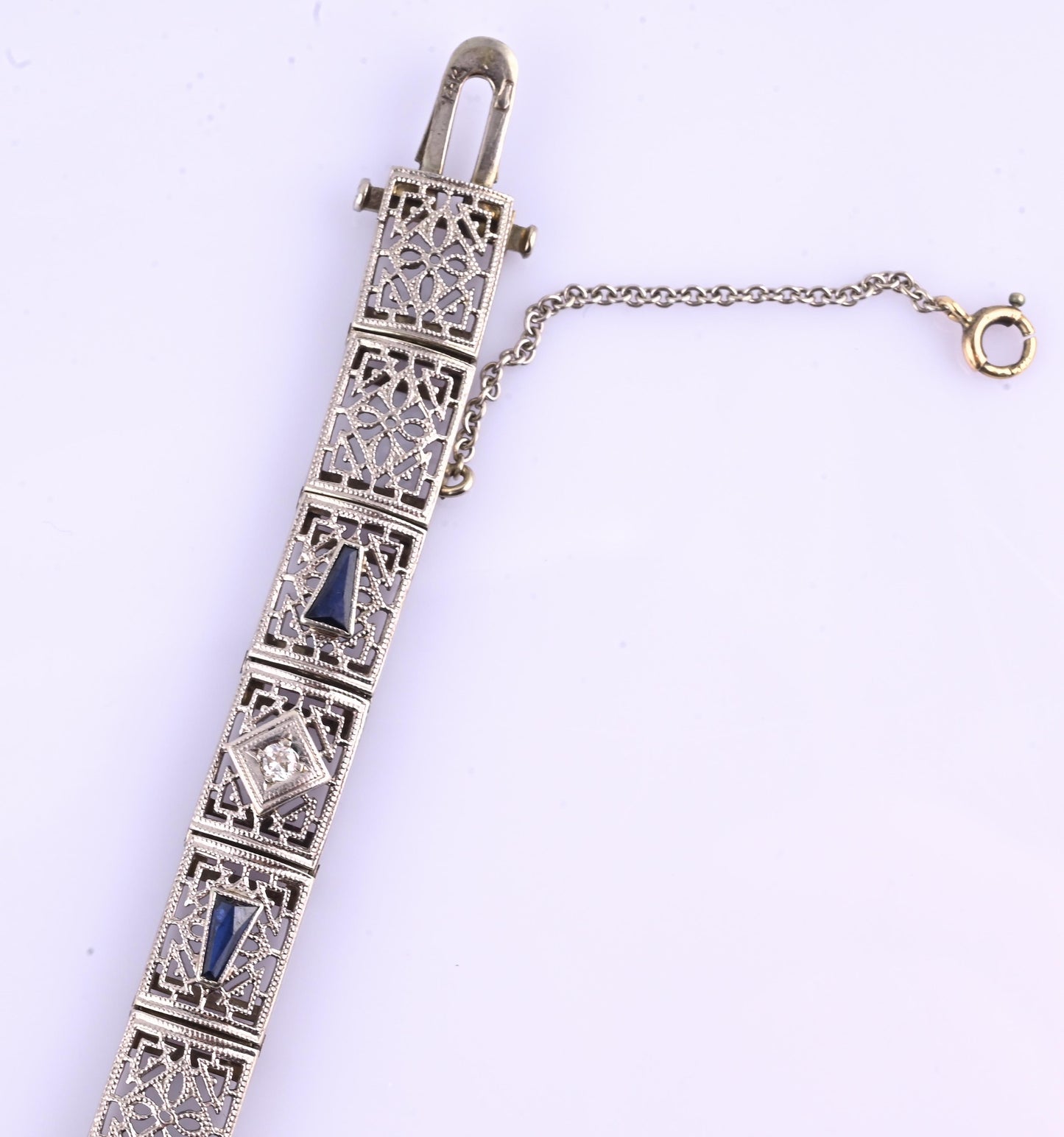 Antique Art Deco 14k White Gold Filigree Bracelet with Sapphires & Diamonds