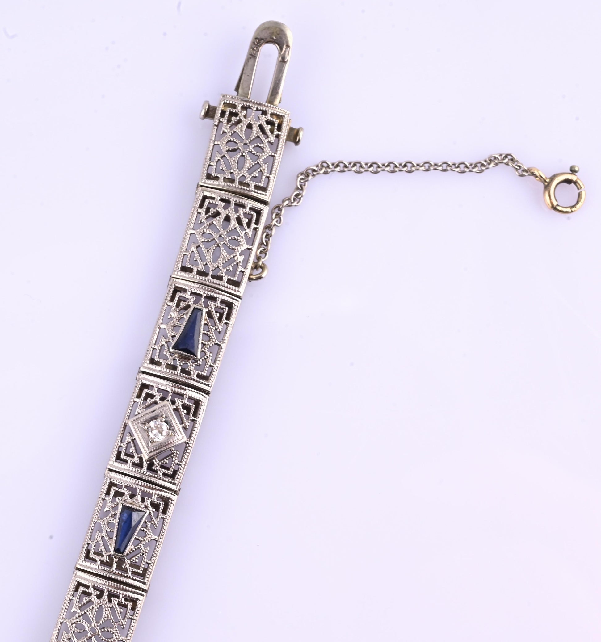 Antique Art Deco 14k White Gold Filigree Bracelet with Sapphires & Diamonds