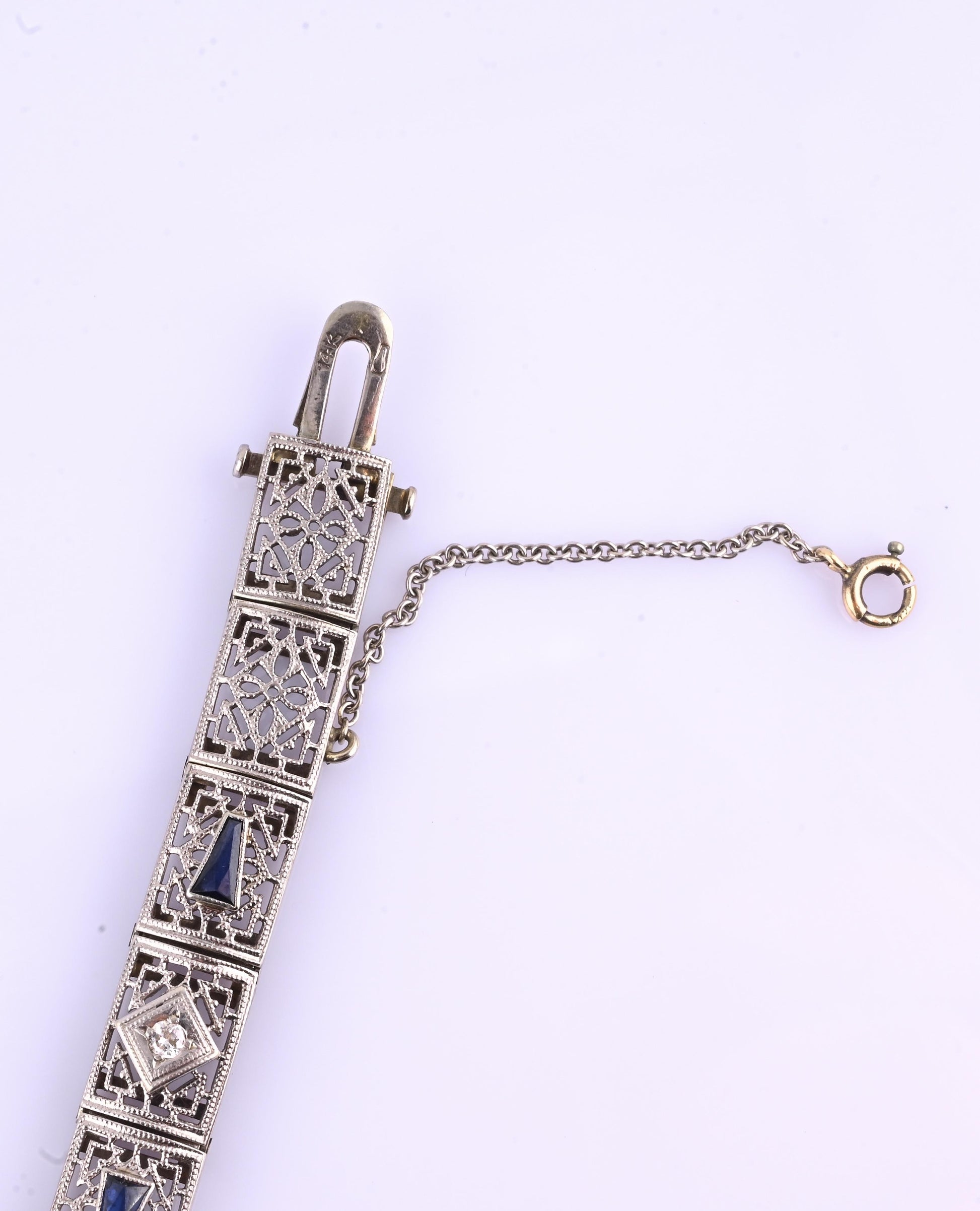 Antique Art Deco 14k White Gold Filigree Bracelet with Sapphires & Diamonds