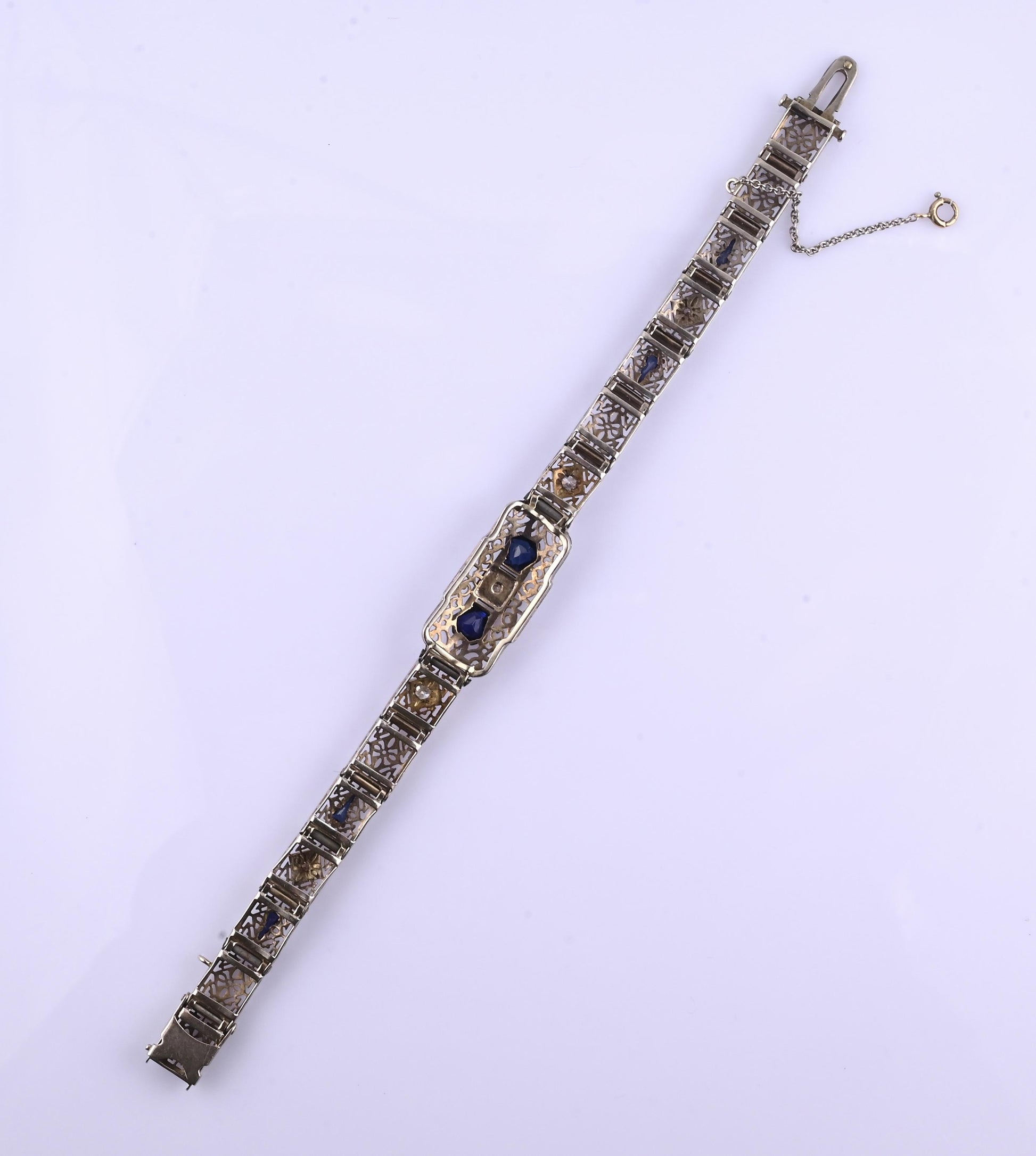 Antique Art Deco 14k White Gold Filigree Bracelet with Sapphires & Diamonds