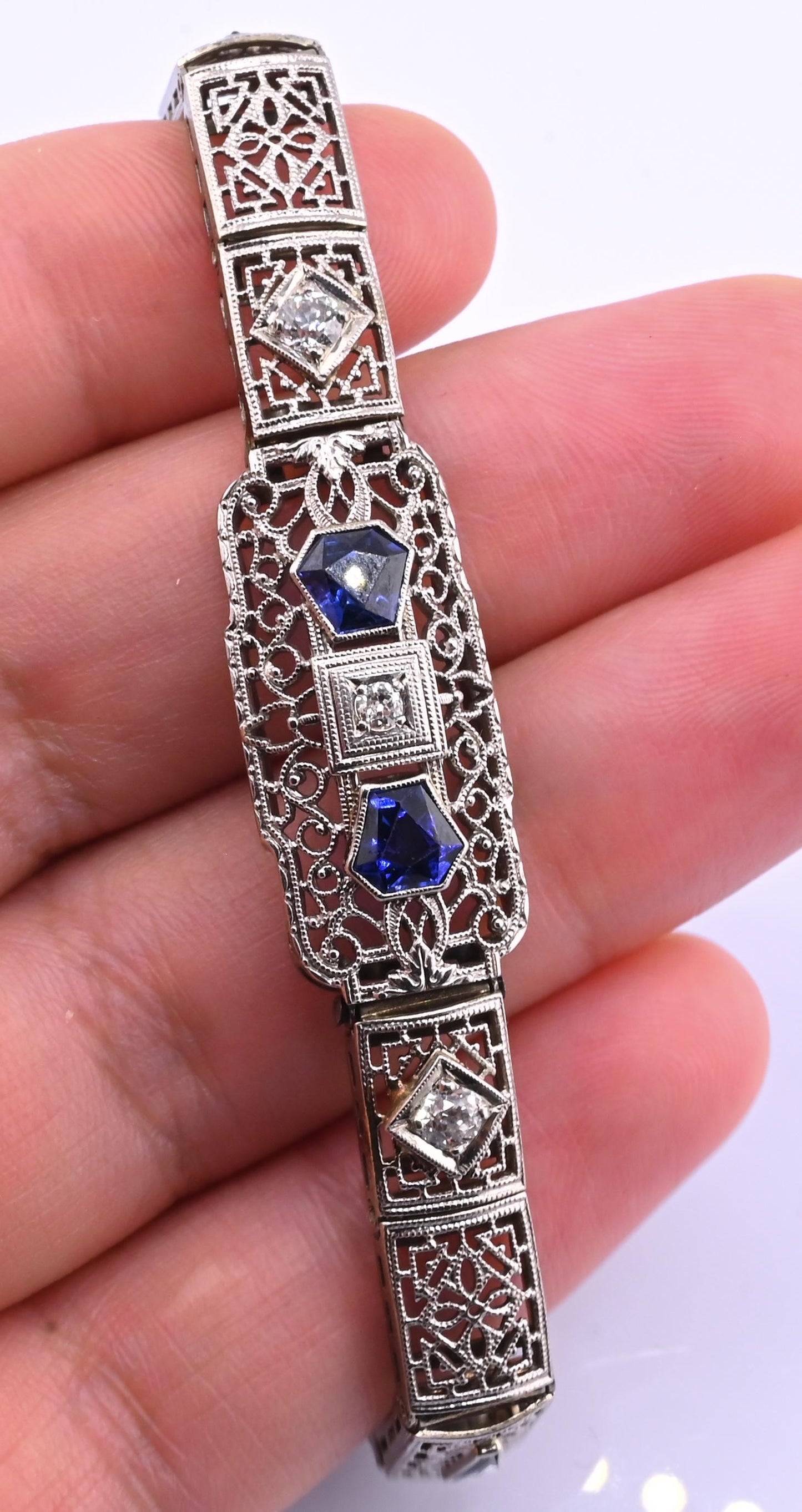 Antique Art Deco 14k White Gold Filigree Bracelet with Sapphires & Diamonds