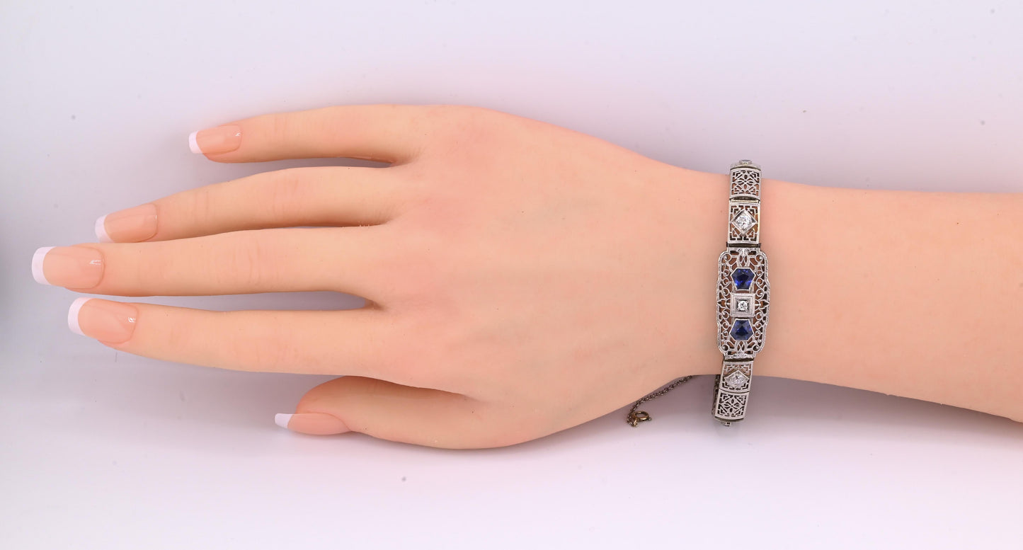 Antique Art Deco 14k White Gold Filigree Bracelet with Sapphires & Diamonds