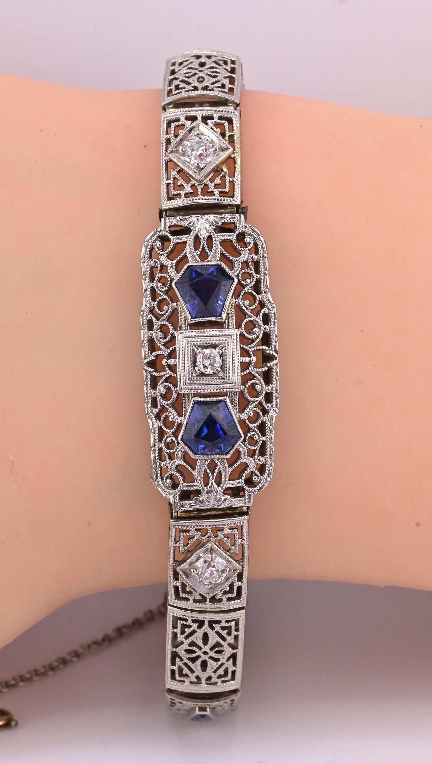 Antique Art Deco 14k White Gold Filigree Bracelet with Sapphires & Diamonds