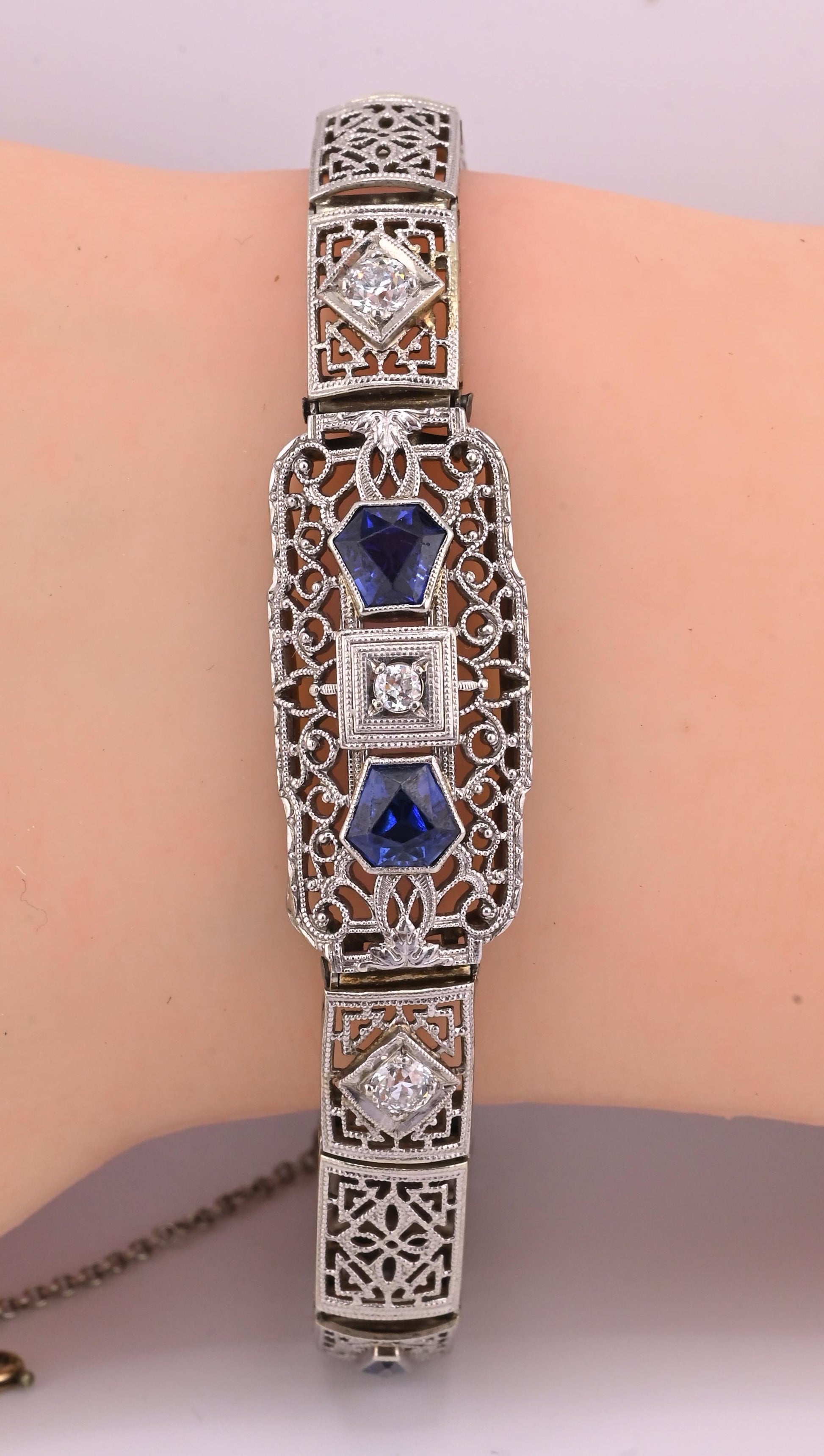 Antique Art Deco 14k White Gold Filigree Bracelet with Sapphires & Diamonds