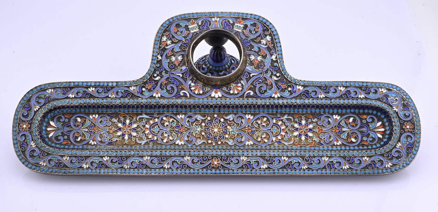 Imperial Russian Silver-Gilt and Cloisonné Enamel Inkwell