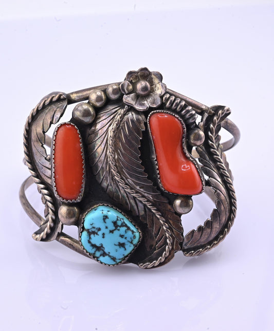 Navajo Sterling Silver, Sleeping Beauty Turquoise, and Mediterranean Coral Cuff