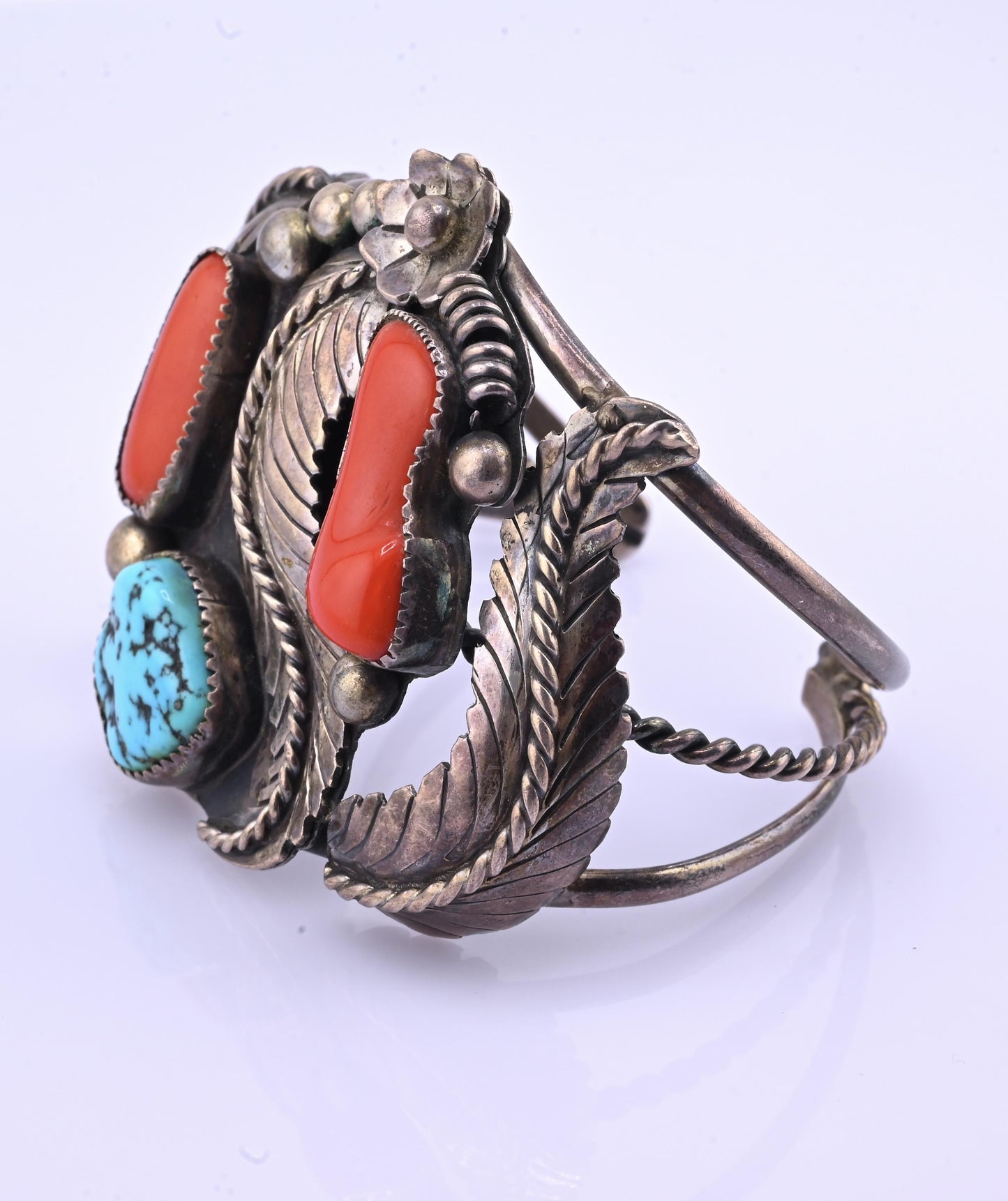 Navajo Sterling Silver, Sleeping Beauty Turquoise, and Mediterranean Coral Cuff