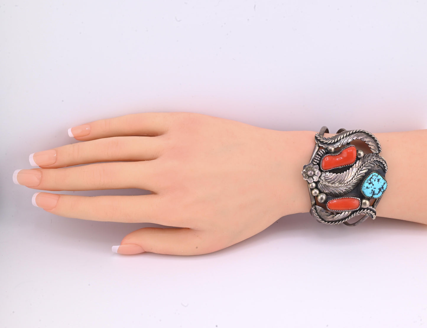 Navajo Sterling Silver, Sleeping Beauty Turquoise, and Mediterranean Coral Cuff