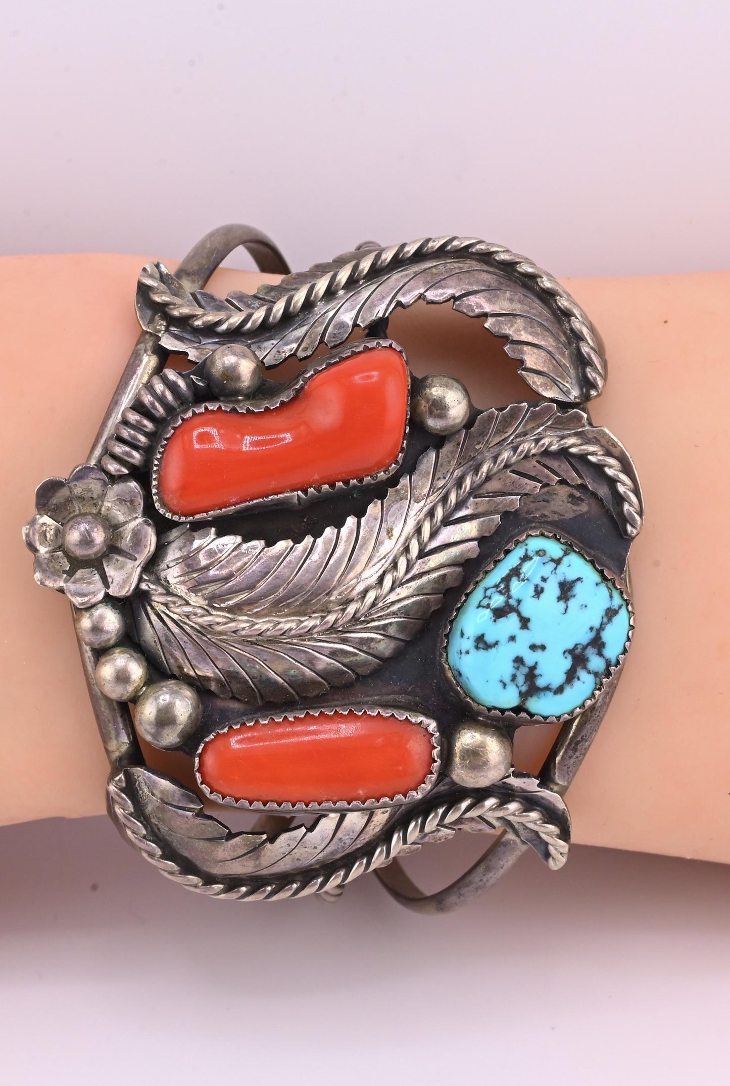 Navajo Sterling Silver, Sleeping Beauty Turquoise, and Mediterranean Coral Cuff