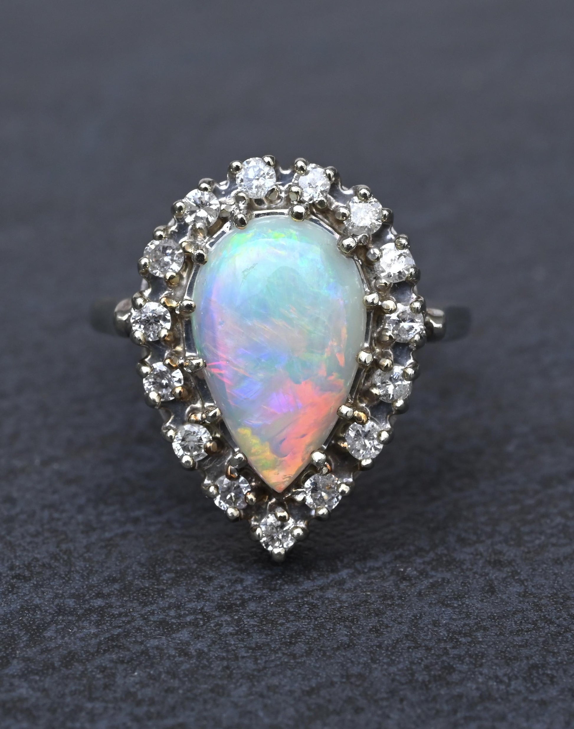 Vintage 14k White Gold Pear Opal & Diamond Halo Cocktail Ring Size 9