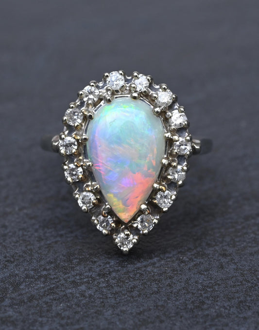 Vintage 14k White Gold Pear Opal & Diamond Halo Cocktail Ring Size 9