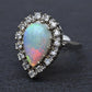 Vintage 14k White Gold Pear Opal & Diamond Halo Cocktail Ring Size 9