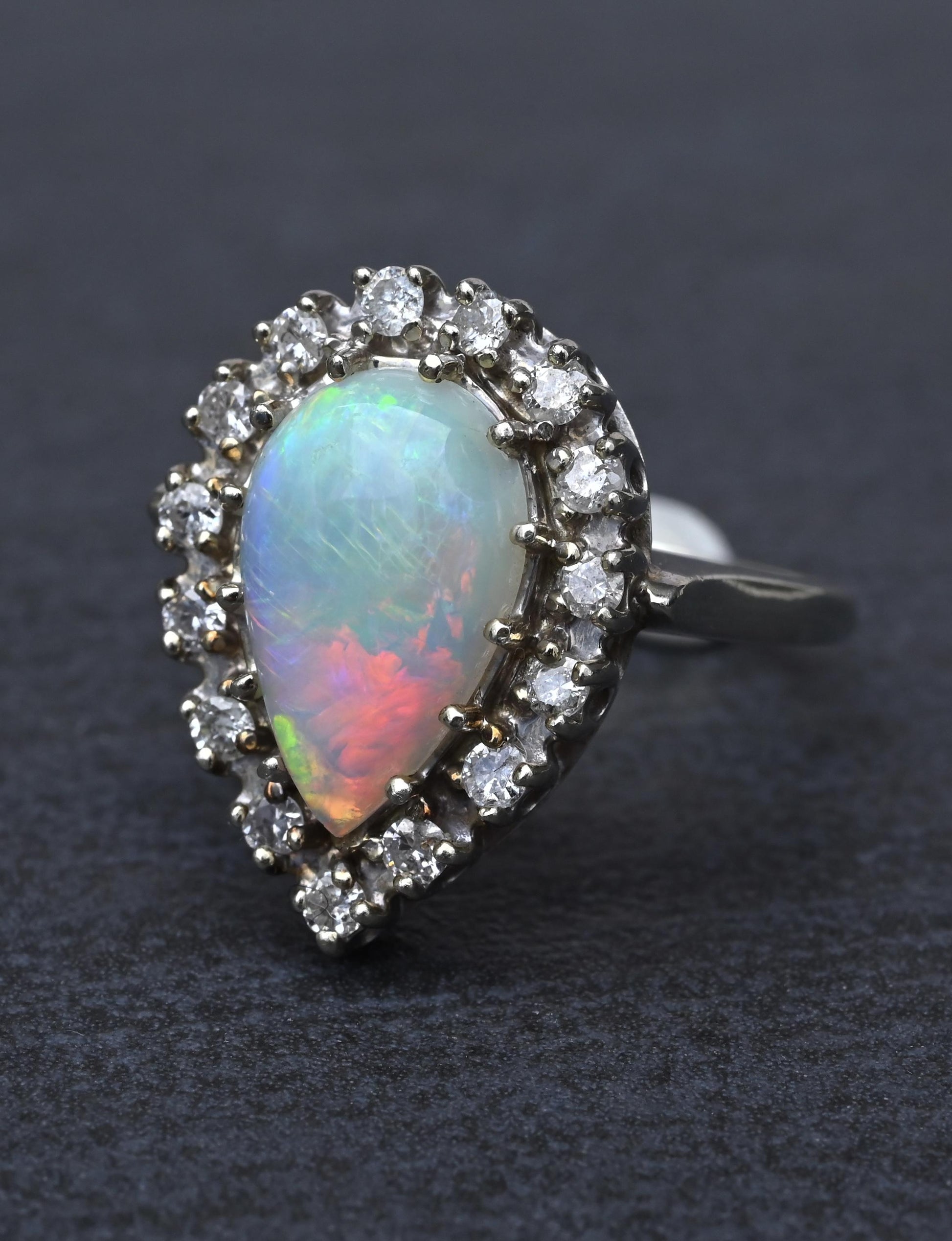 Vintage 14k White Gold Pear Opal & Diamond Halo Cocktail Ring Size 9