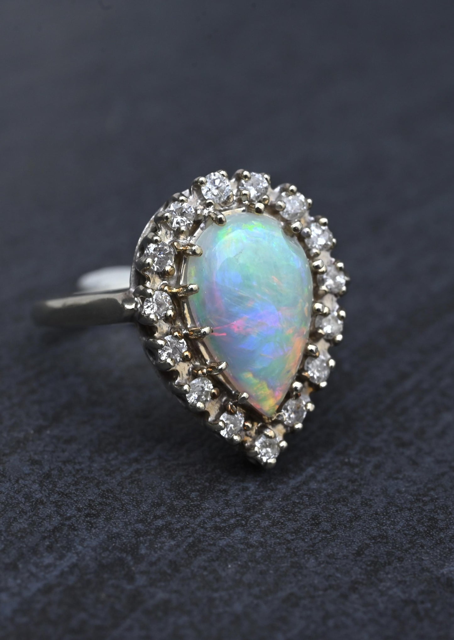 Vintage 14k White Gold Pear Opal & Diamond Halo Cocktail Ring Size 9