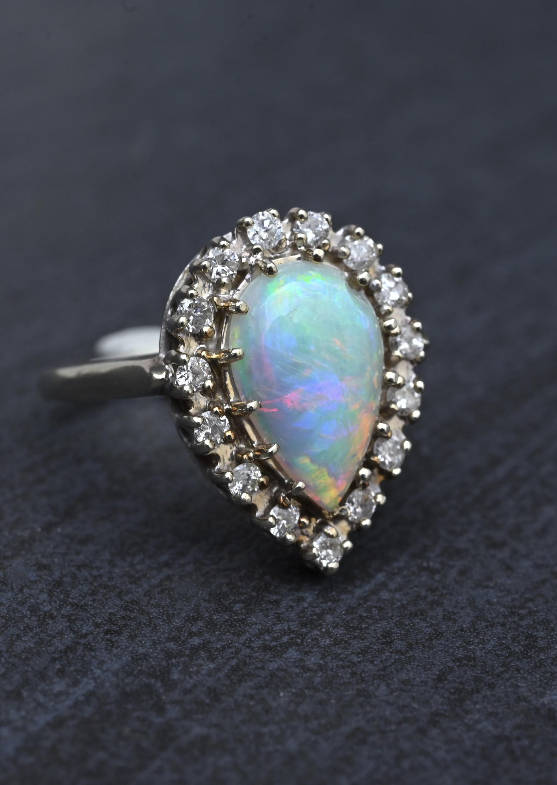 Vintage 14k White Gold Pear Opal & Diamond Halo Cocktail Ring Size 9