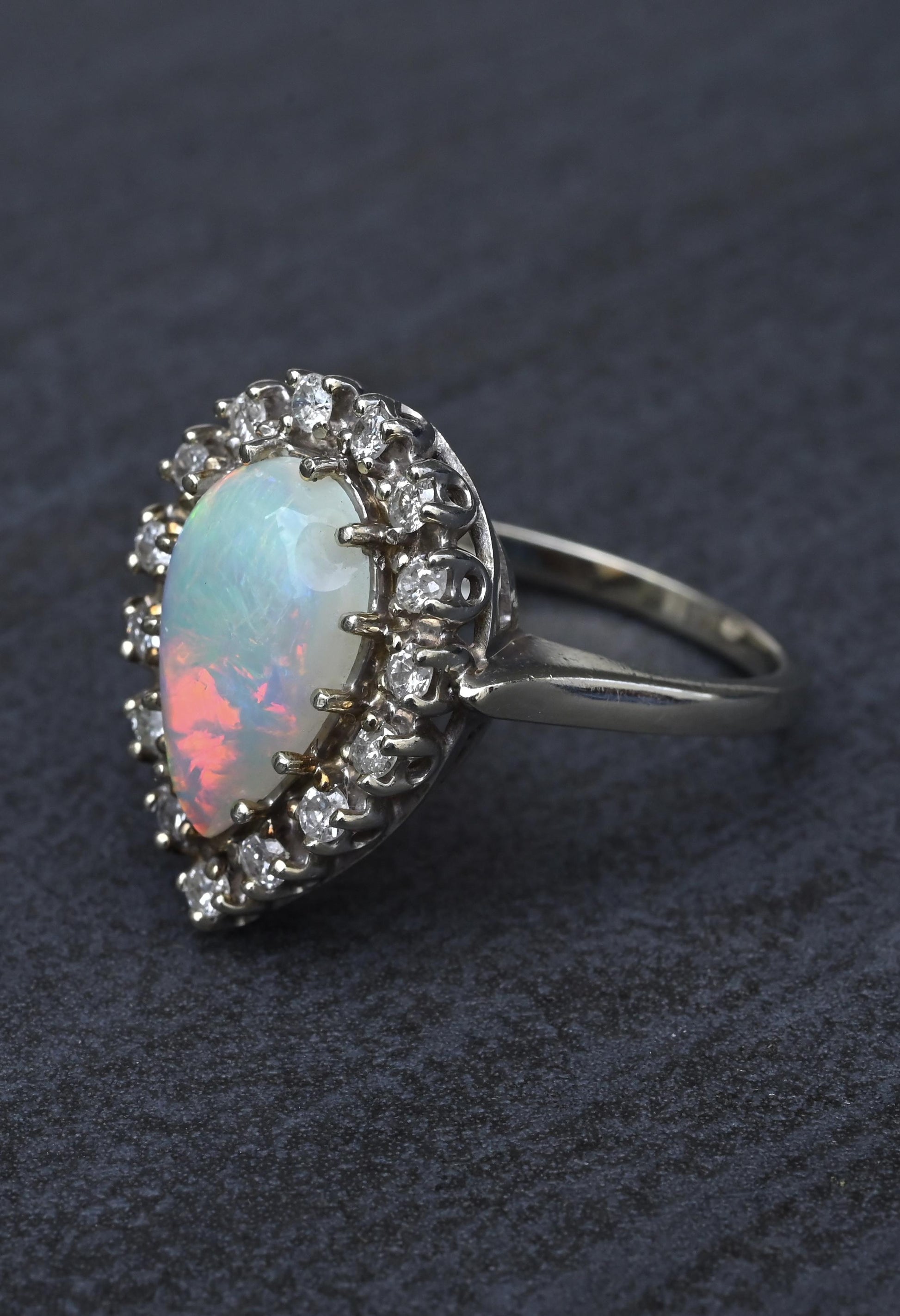 Vintage 14k White Gold Pear Opal & Diamond Halo Cocktail Ring Size 9