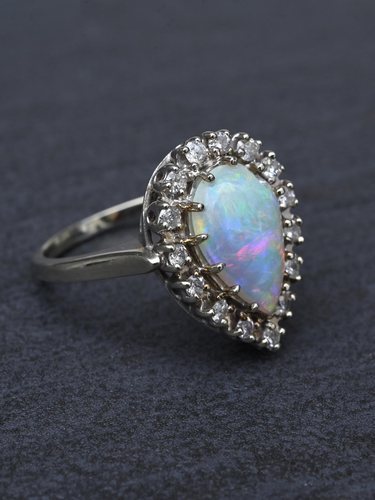 Vintage 14k White Gold Pear Opal & Diamond Halo Cocktail Ring Size 9