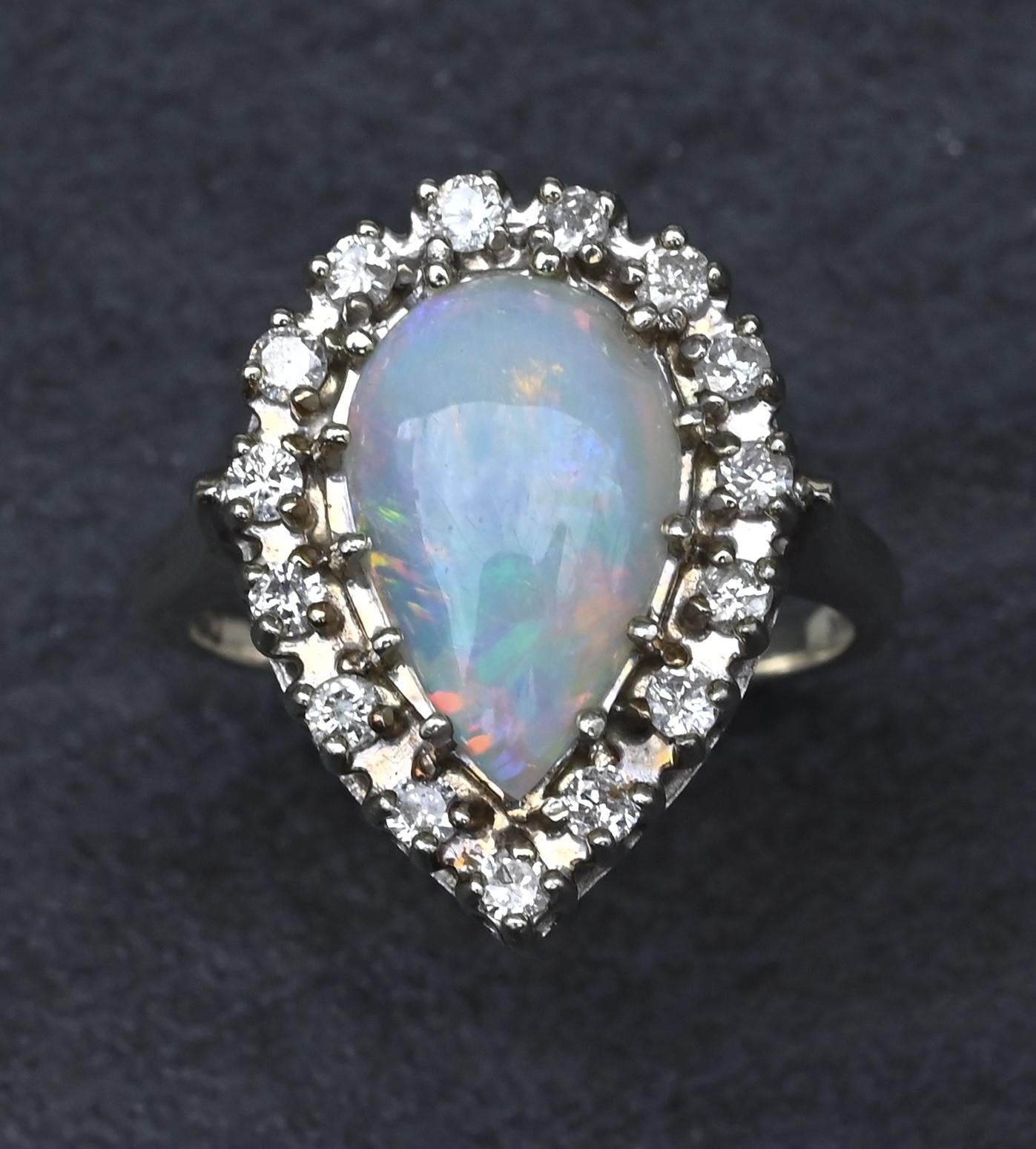 Vintage 14k White Gold Pear Opal & Diamond Halo Cocktail Ring Size 9