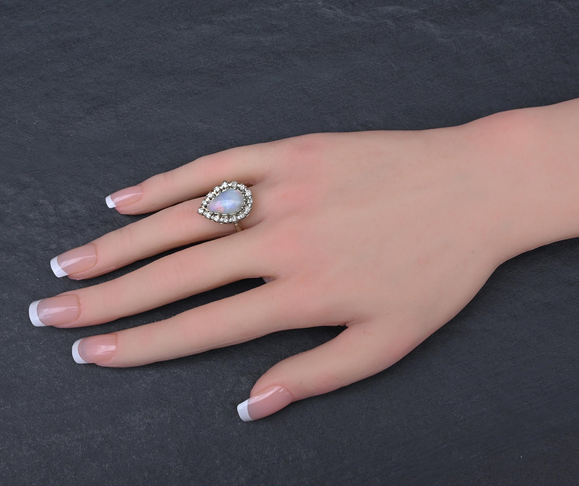 Vintage 14k White Gold Pear Opal & Diamond Halo Cocktail Ring Size 9